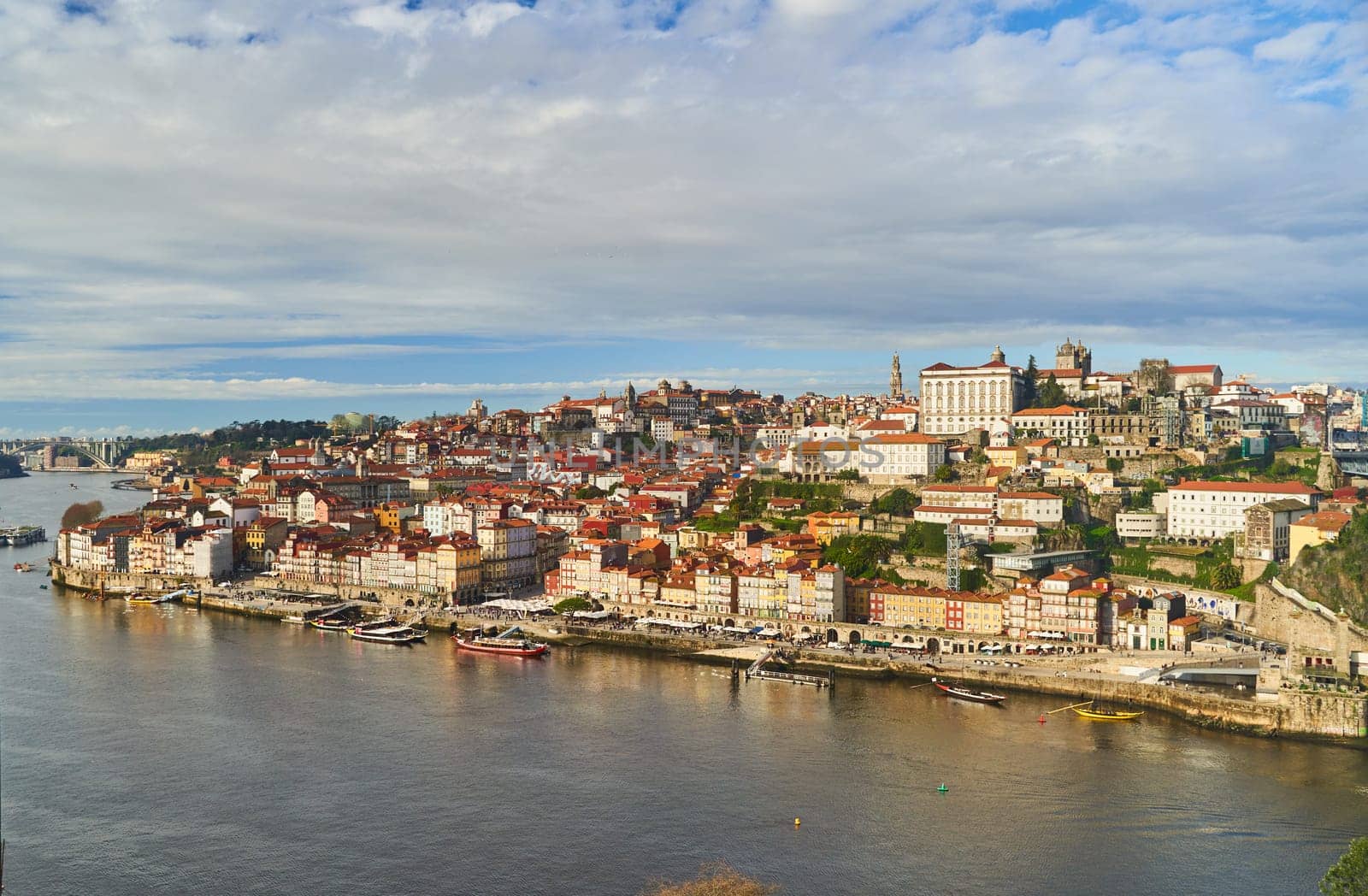 Porto, Portugal - 12.25.2022: Aerial view of the old ribeira area in Porto. High quality photo