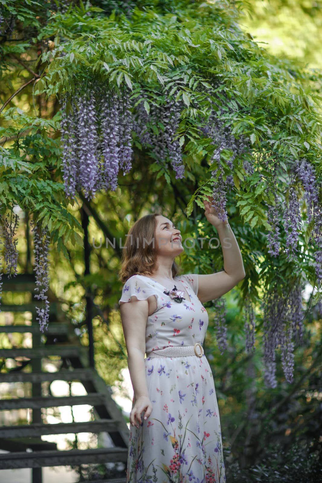 Wisteria woman. Thoughtful happy mature woman surrounded by chinese wisteria by Matiunina