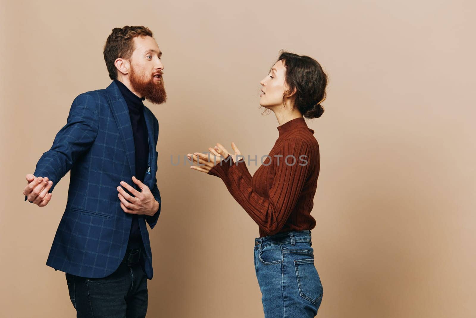 Man and woman couple in a relationship quarrel, yelling, psychological violence in the family, problems in a real relationship between people. High quality photo