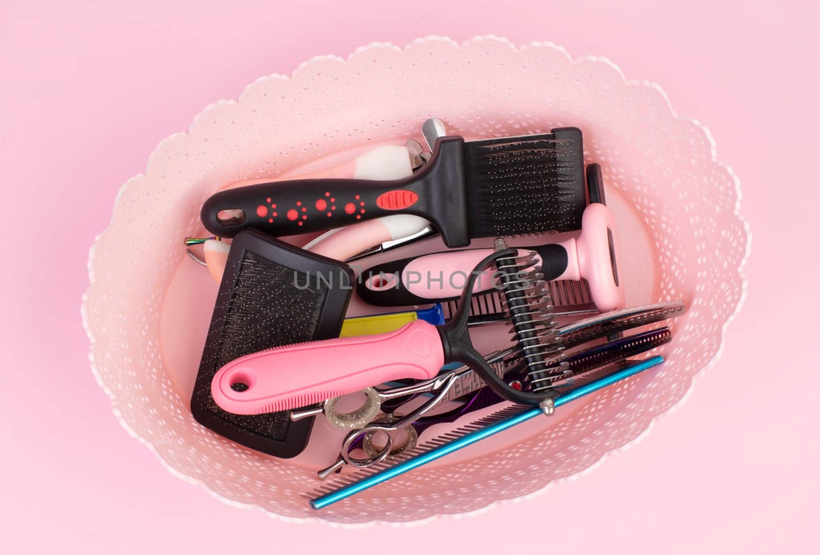 Tool for the groomer on a pink background. Dog grooming accessories. Combs and brushes for animals. View from above