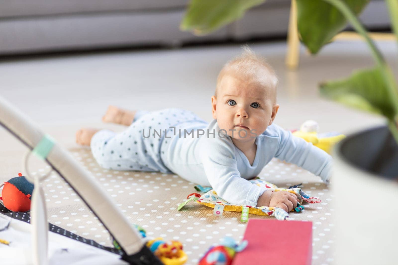 Cute baby boy playing with hanging toys arch on mat at home Baby activity and play center for early infant development. Baby playing at home.