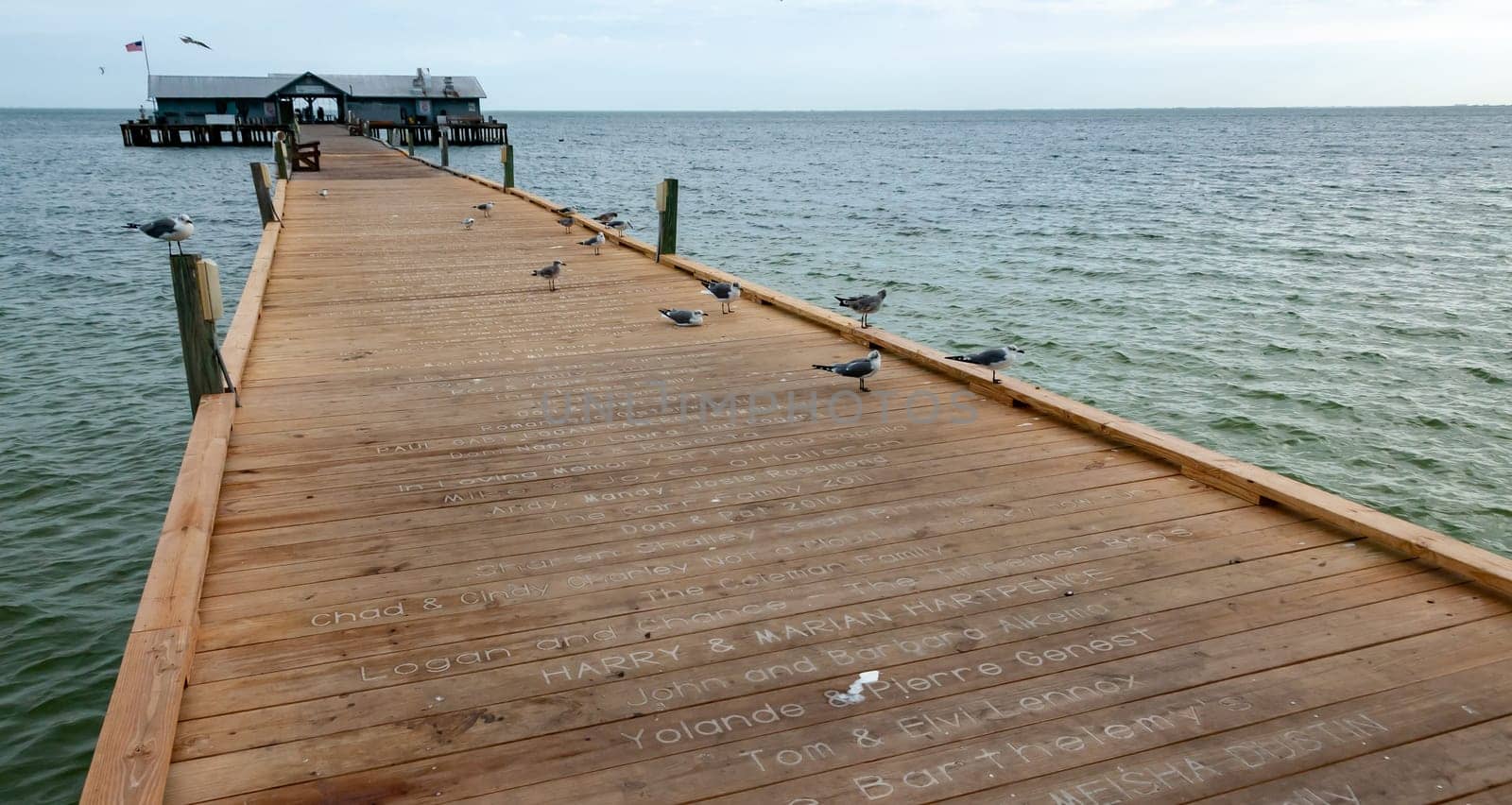 FLORIDA, USA - NOVEMBER 28, 2011: wooden pier with a restaurant on the shore in the Gulf of Mexico, Florida