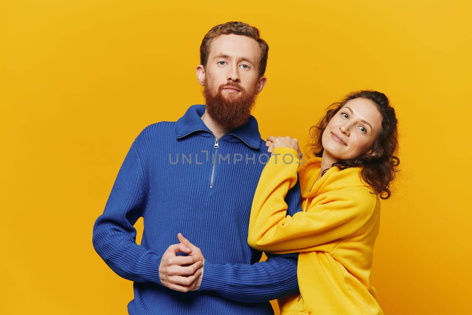 Man and woman couple smile and happiness, yellow background, family by SHOTPRIME