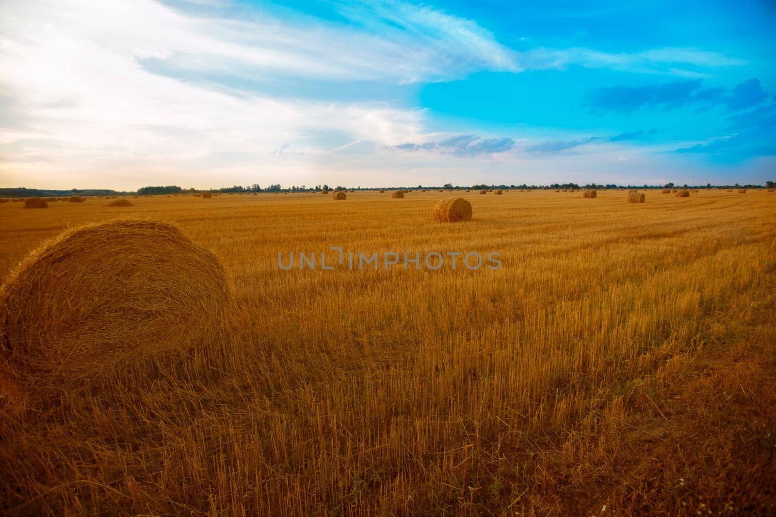 Rustic background. Haystacks against the blue sky.