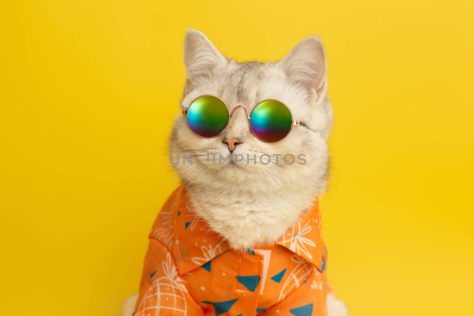 Cute white cat are wear sunglass and orange shirt on the yellow background, looks sideways. Close up
