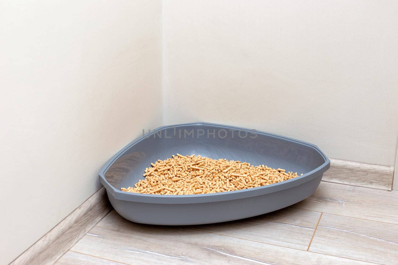 A large gray triangular plastic litter box for a cat, with wood filler in the form of compressed sawdust, stands on the floor in the corner of a bright room on the floor