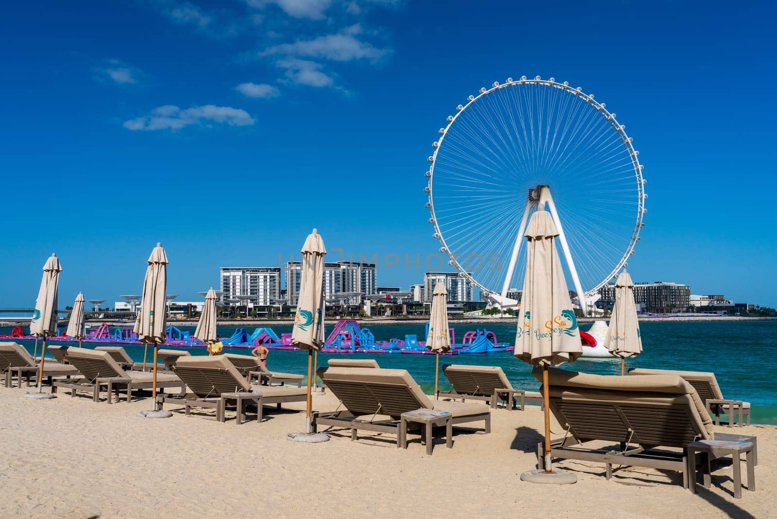 Early morning view of Ain Dubai Observation Wheel on BlueWaters Island off the coast by JBR beach