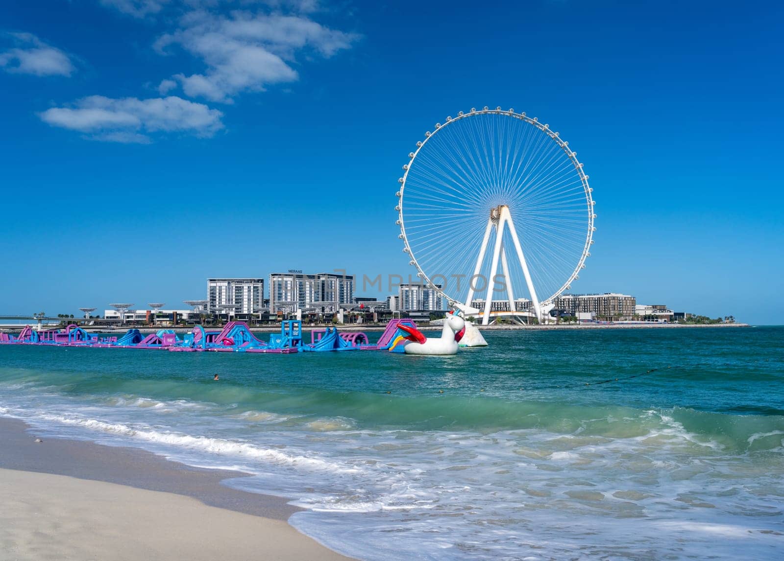 Early morning view of Ain Dubai Observation Wheel on BlueWaters Island off the coast by JBR beach