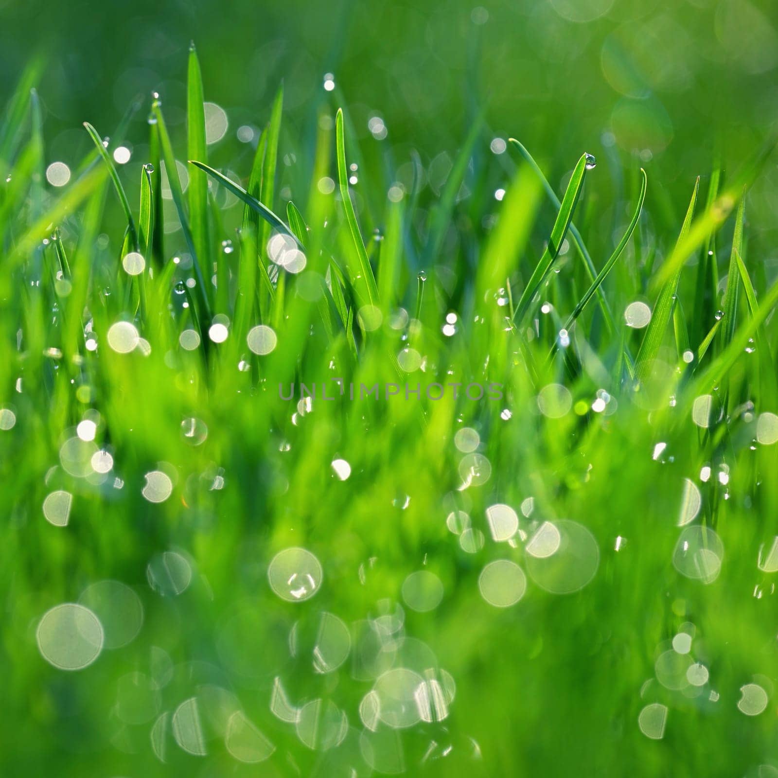 Green nature. Beautiful close up photo of nature. Green grass with dew drops. Colorful spring background with morning sun and natural green plants landscape, ecology, fresh wallpaper concept with copy space. by Montypeter