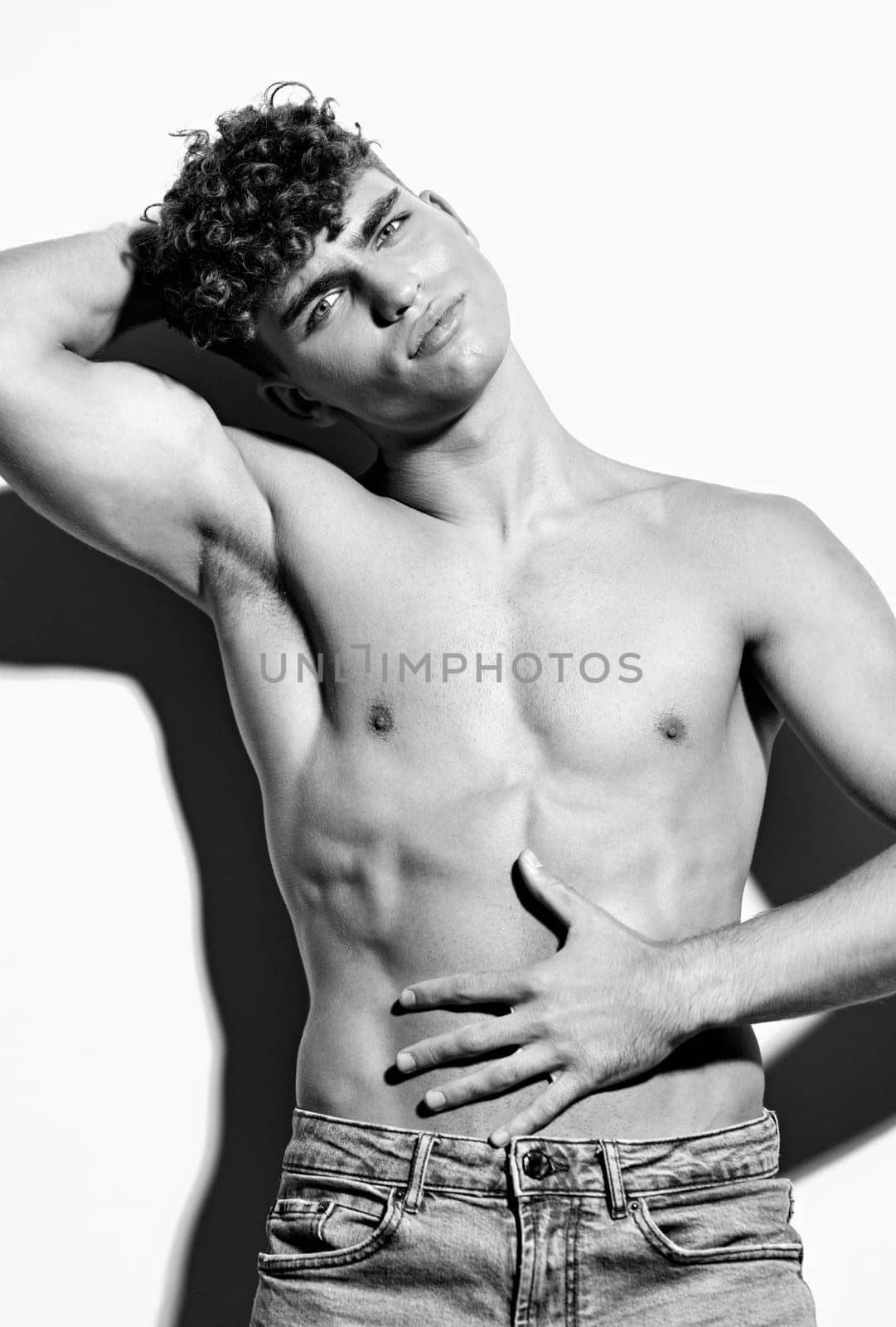 man fit jeans beautiful naked person black and white shirtless male caucasian torso studio