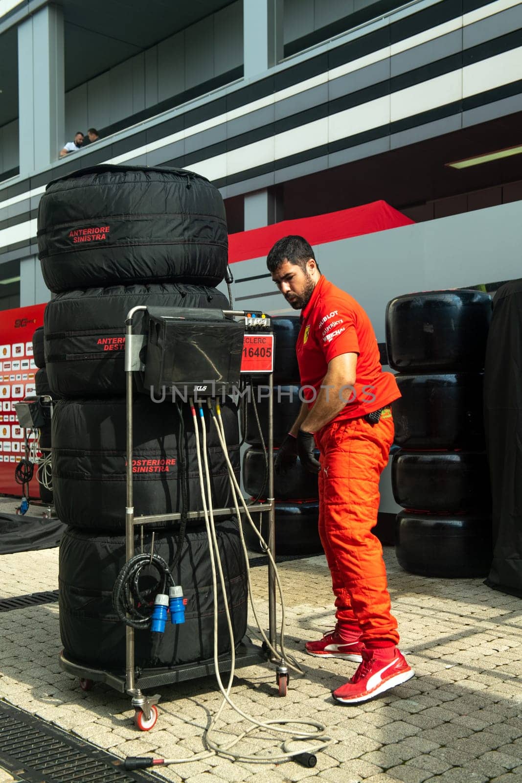 SOCHI, RUSSIA - 29 September 2019: Racing weekend Formula 1 Grand Prix of Russia 2019, Pirelli tires F1 at Scuderia Ferrariteam box by MKolesnikov