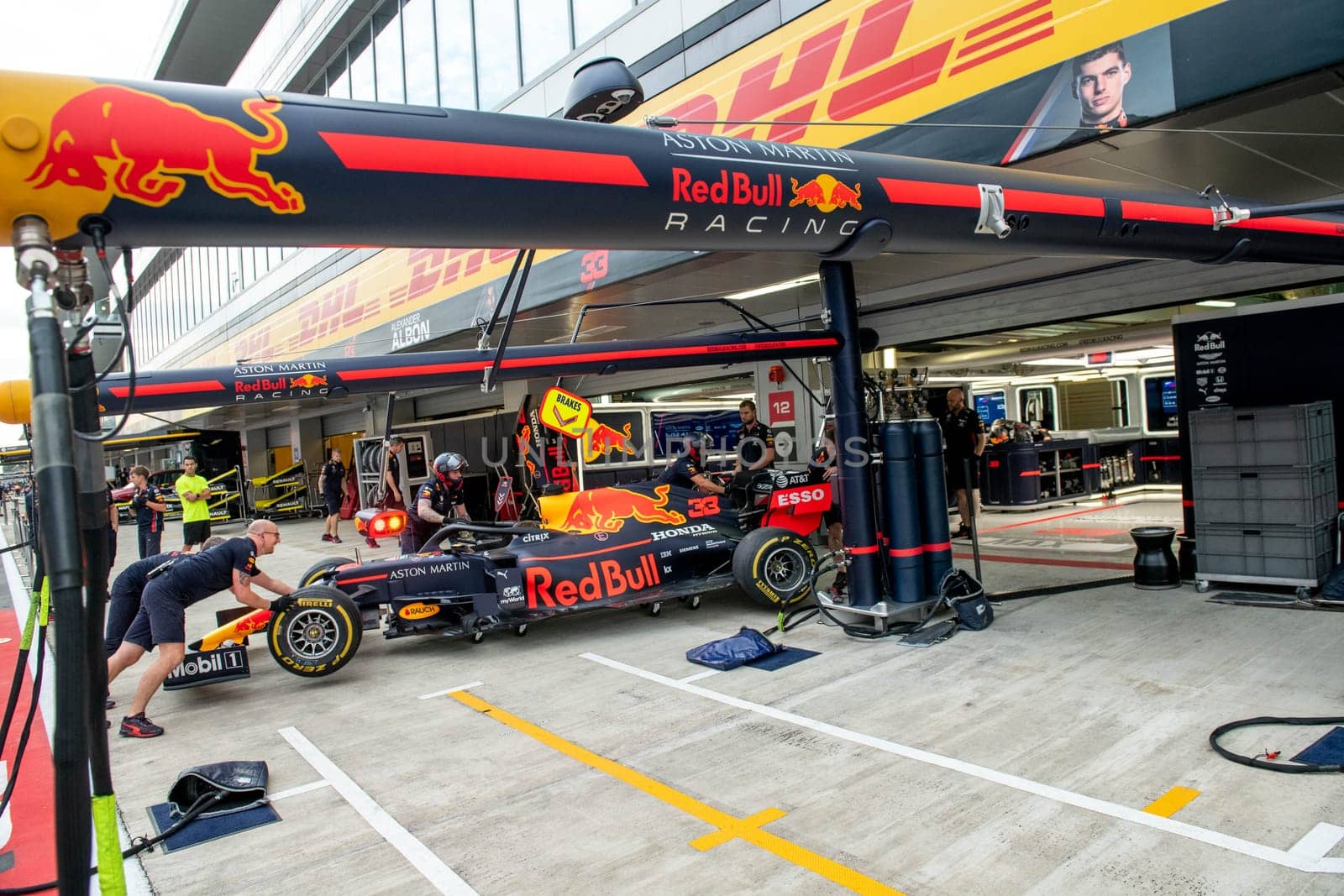 SOCHI, RUSSIA - 29 September 2019: Racing weekend Formula 1 Grand Prix of Russia 2019, Red Bull Racing F1 team pit stop training in team box by MKolesnikov