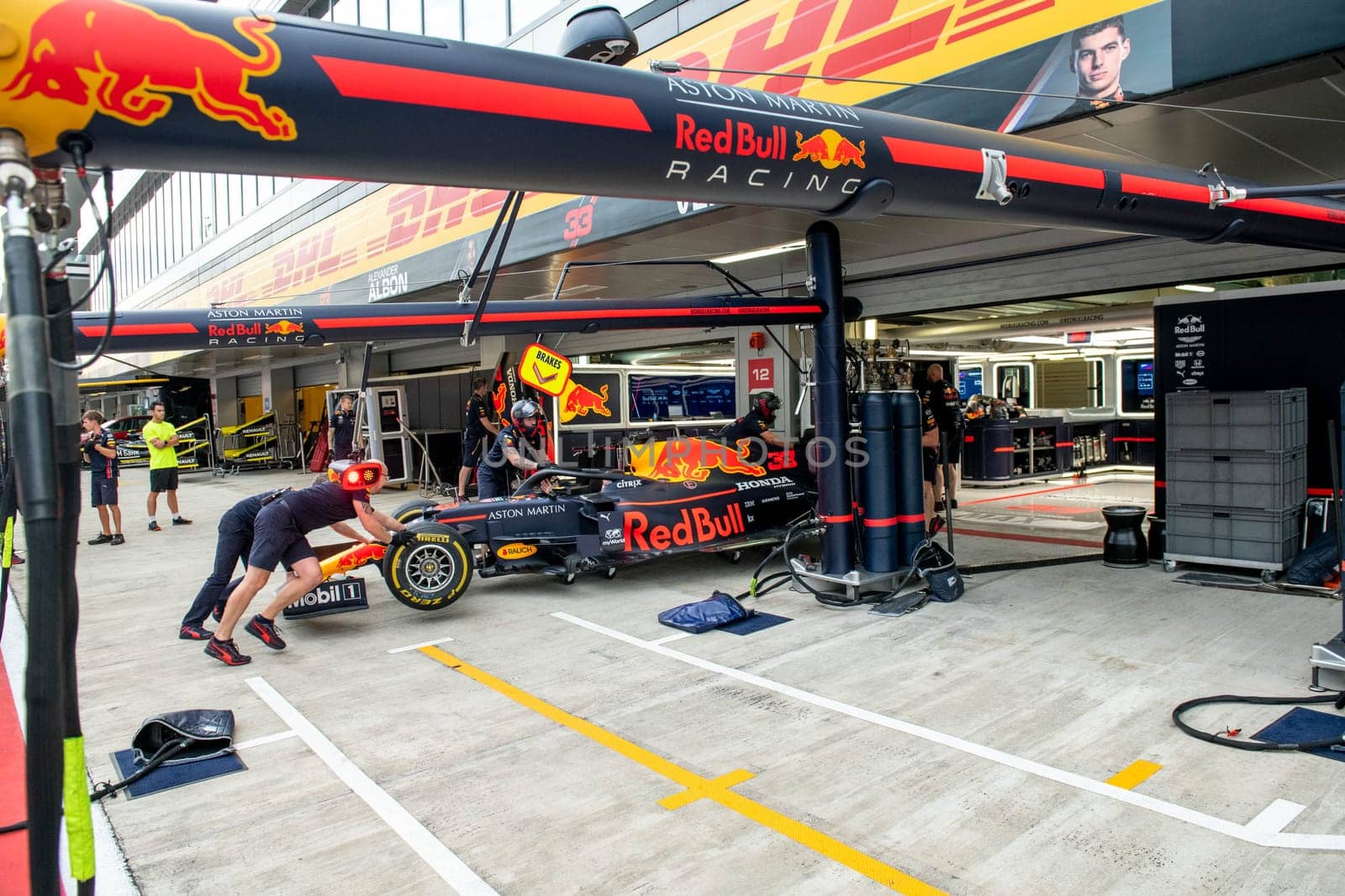 SOCHI, RUSSIA - 29 September 2019: Racing weekend Formula 1 Grand Prix of Russia 2019, Red Bull Racing F1 team pit stop training in team box by MKolesnikov