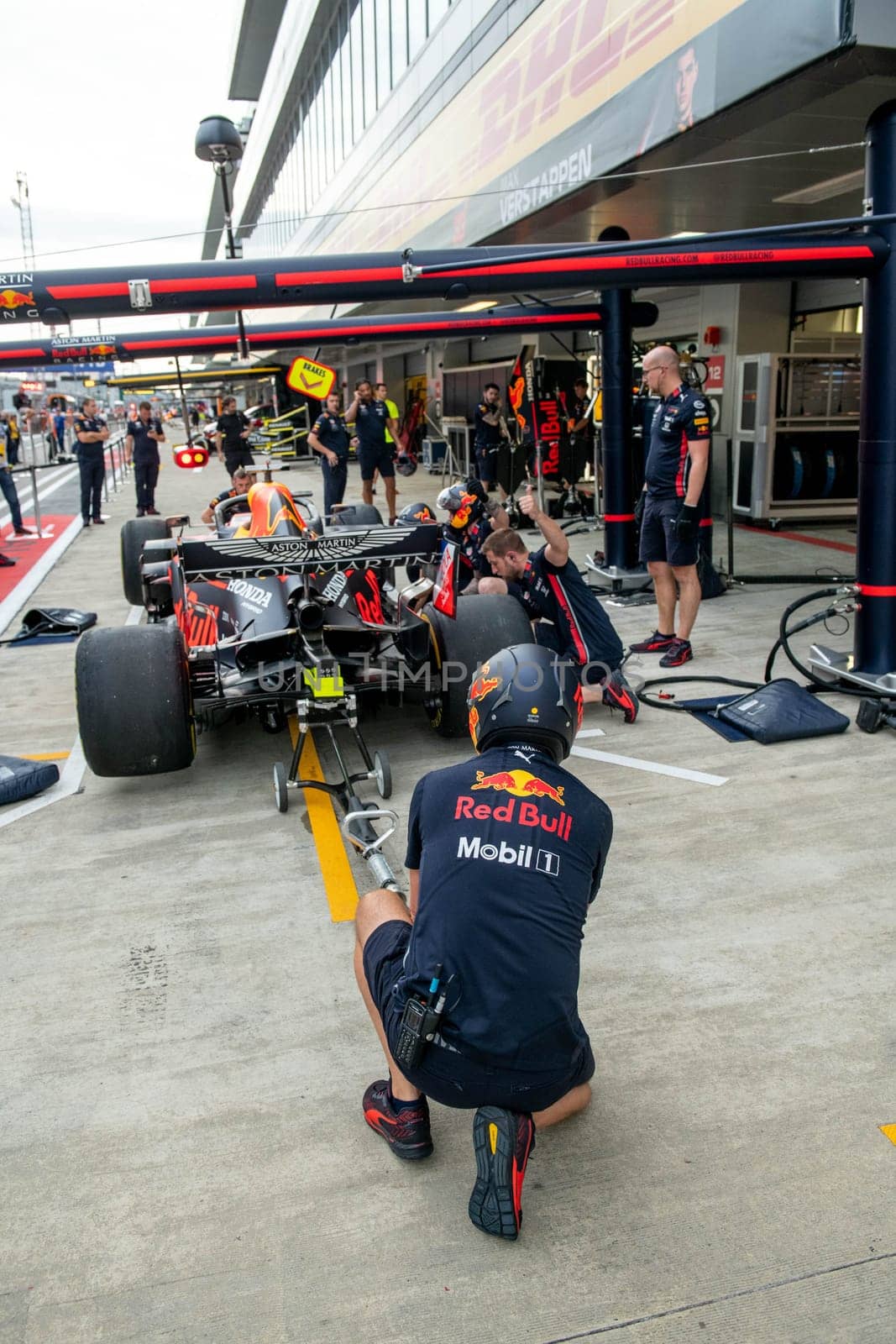 SOCHI, RUSSIA - 29 September 2019: Racing weekend Formula 1 Grand Prix of Russia 2019, Red Bull Racing F1 team pit stop training in team box by MKolesnikov