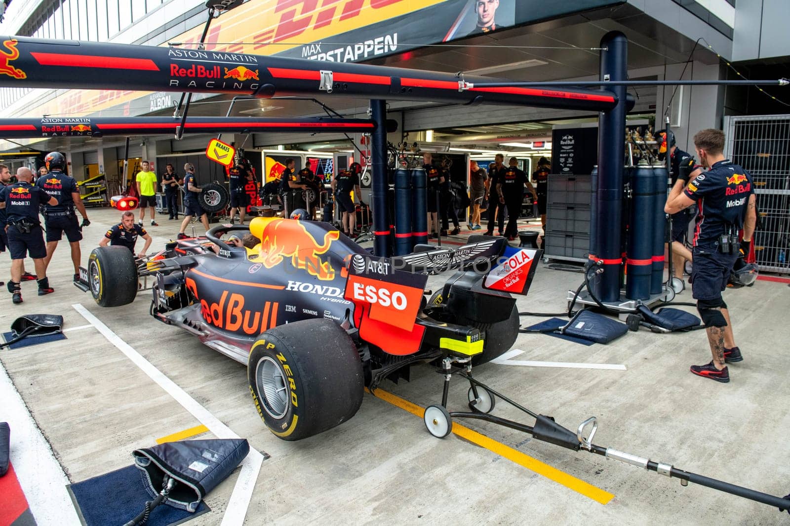 SOCHI, RUSSIA - 29 September 2019: Racing weekend Formula 1 Grand Prix of Russia 2019, Red Bull Racing F1 team pit stop training in team box by MKolesnikov
