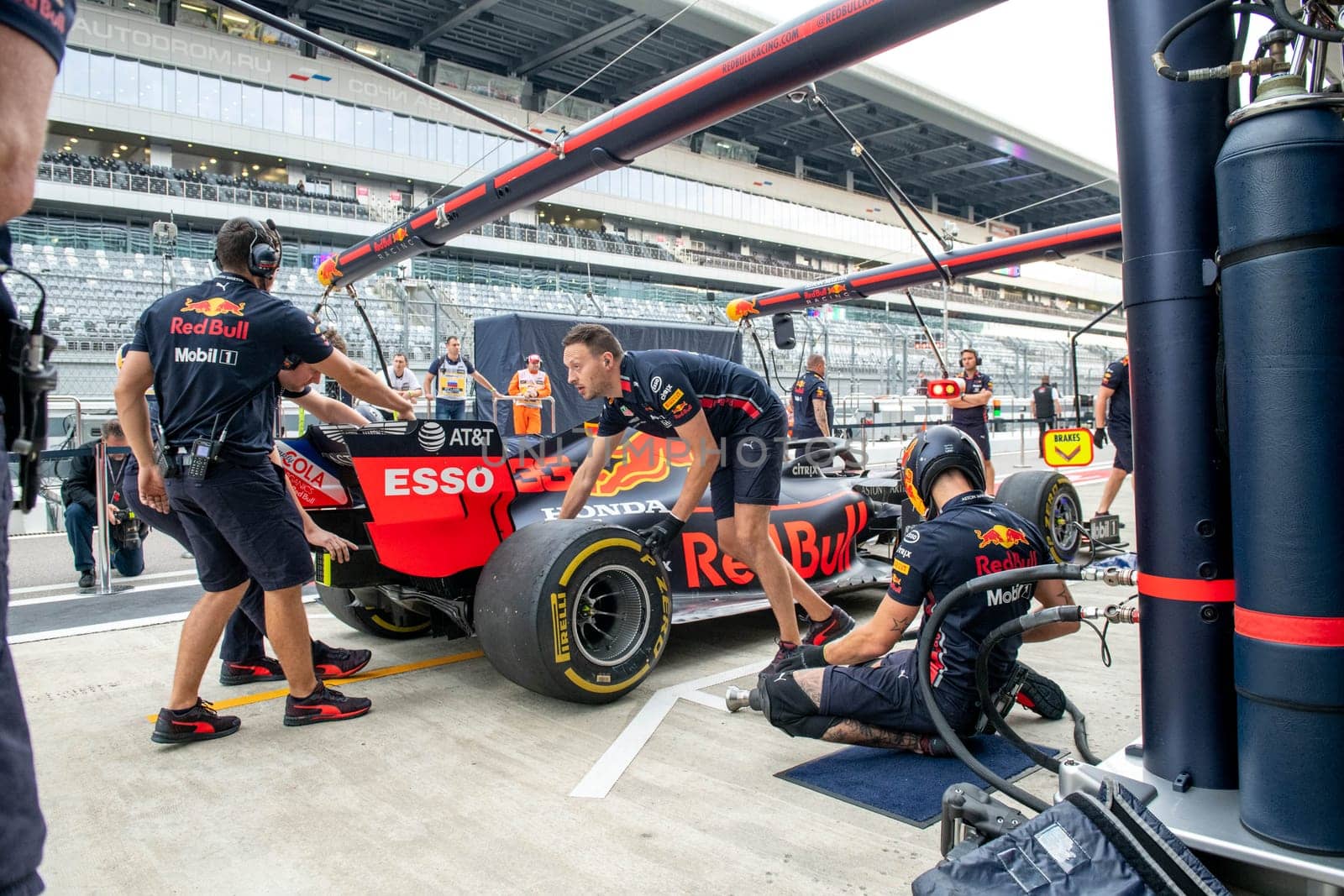 SOCHI, RUSSIA - 29 September 2019: Racing weekend Formula 1 Grand Prix of Russia 2019, Red Bull Racing F1 team pit stop training in team box by MKolesnikov