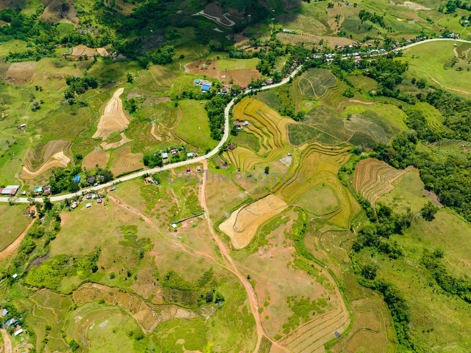 Aerial view of agricultural landscape with farmland in the countryside. Negros, Philippines