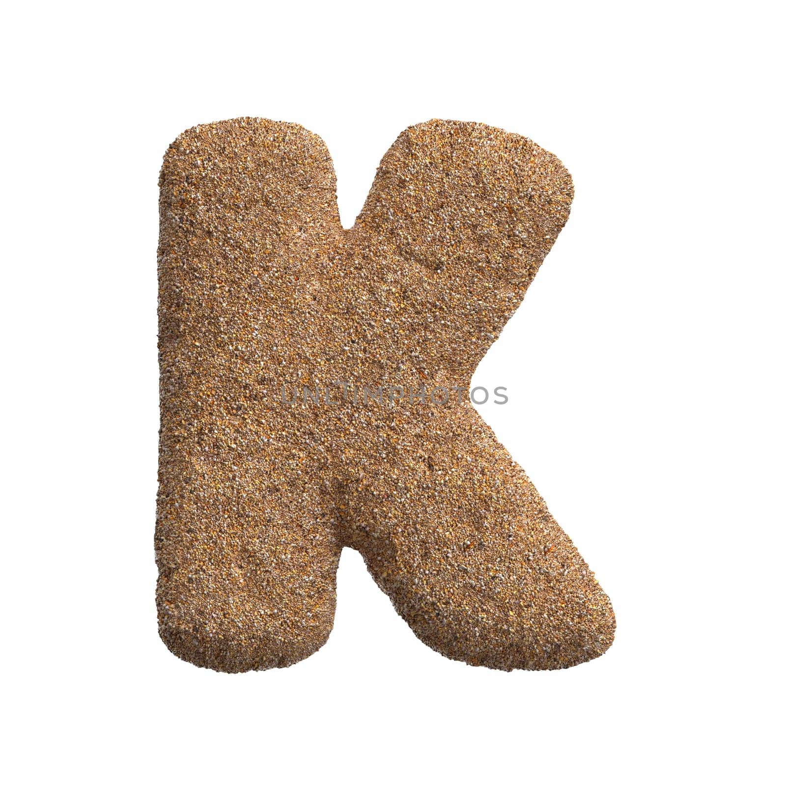 Sand letter K - Large 3d beach font isolated on white background. This alphabet is perfect for creative illustrations related but not limited to Holidays, travel, ocean...