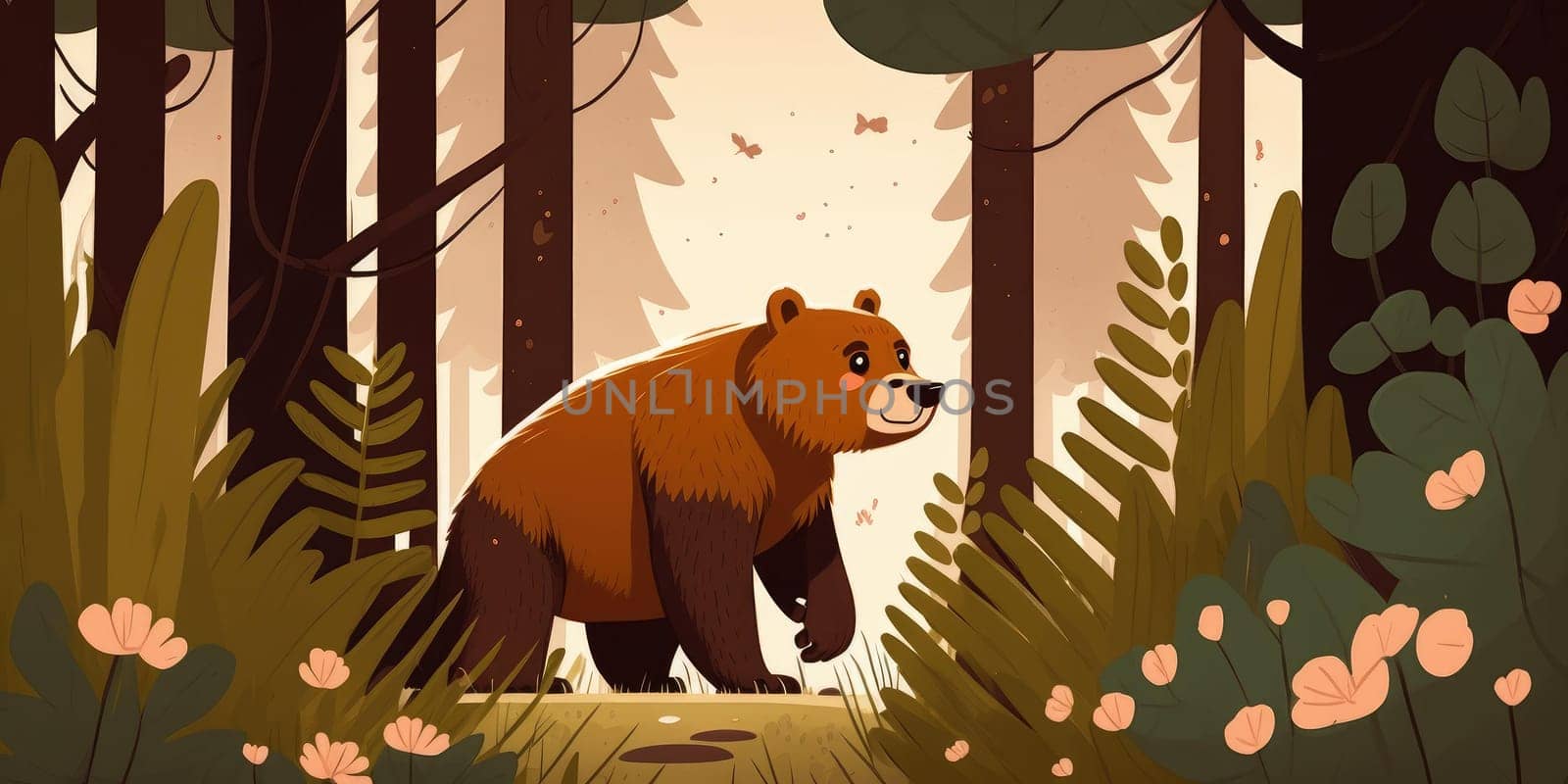 Brown bear in a forest super cute cartoon art style nordic style by biancoblue