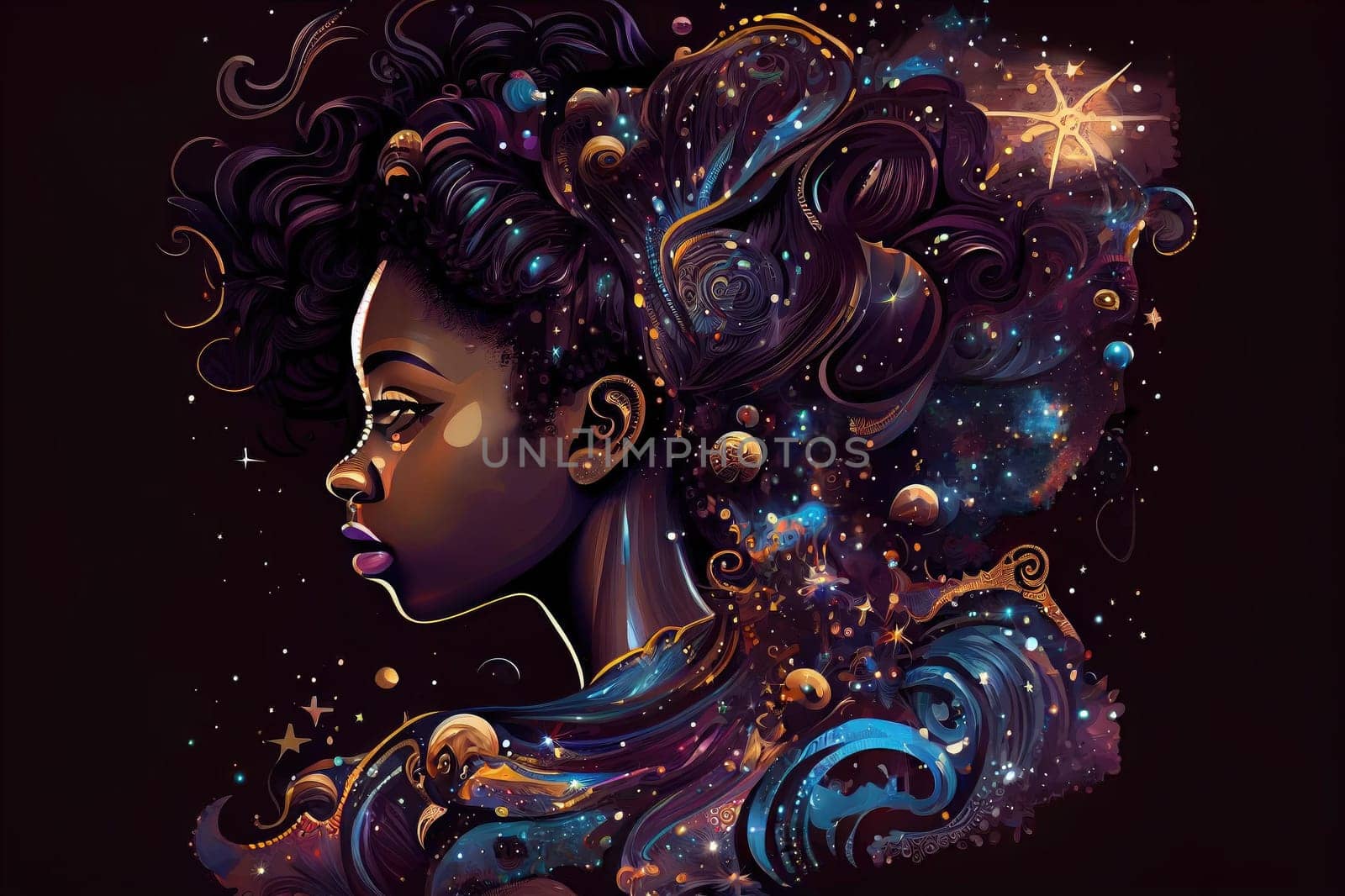 A cute African American teenage goddess with beautiful afrocentric hairstyle made from celestial bodies fade into the universe by biancoblue