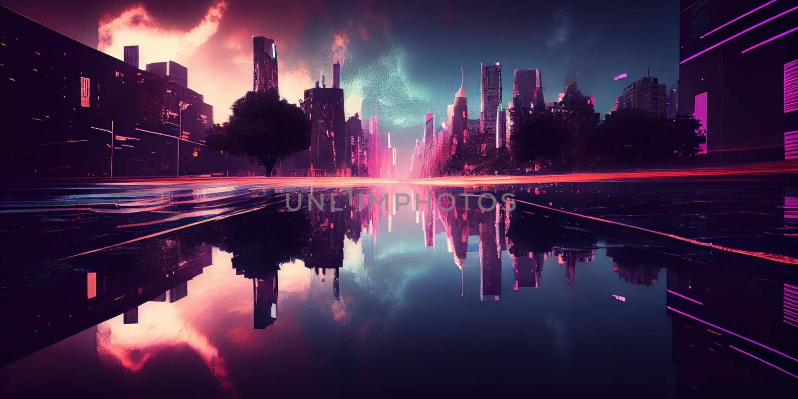 Futuristic metaverse imaginative city under neon lights by biancoblue