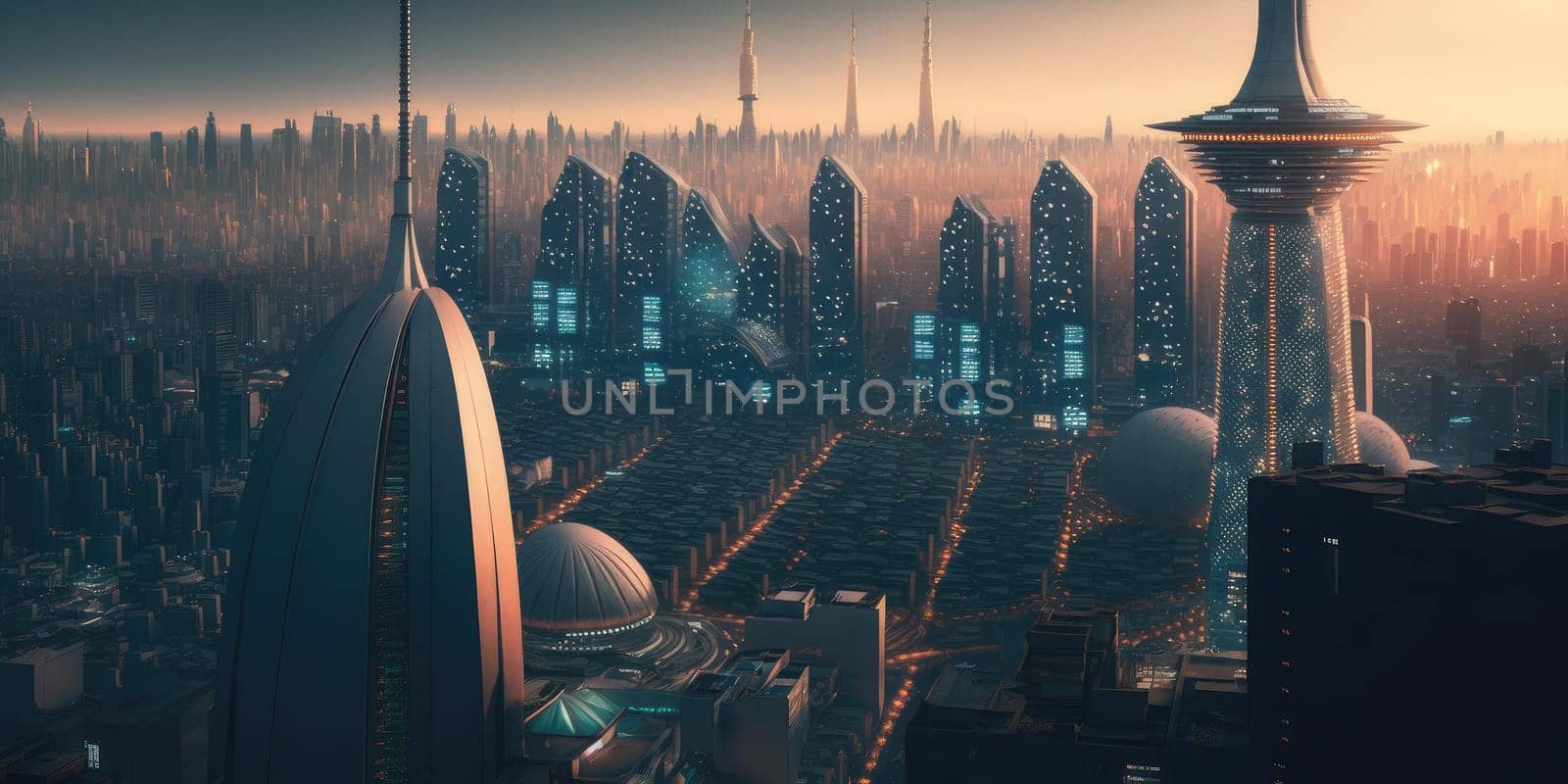 Science fiction fantasy world cityscape skyline with futuristic building architecture by biancoblue