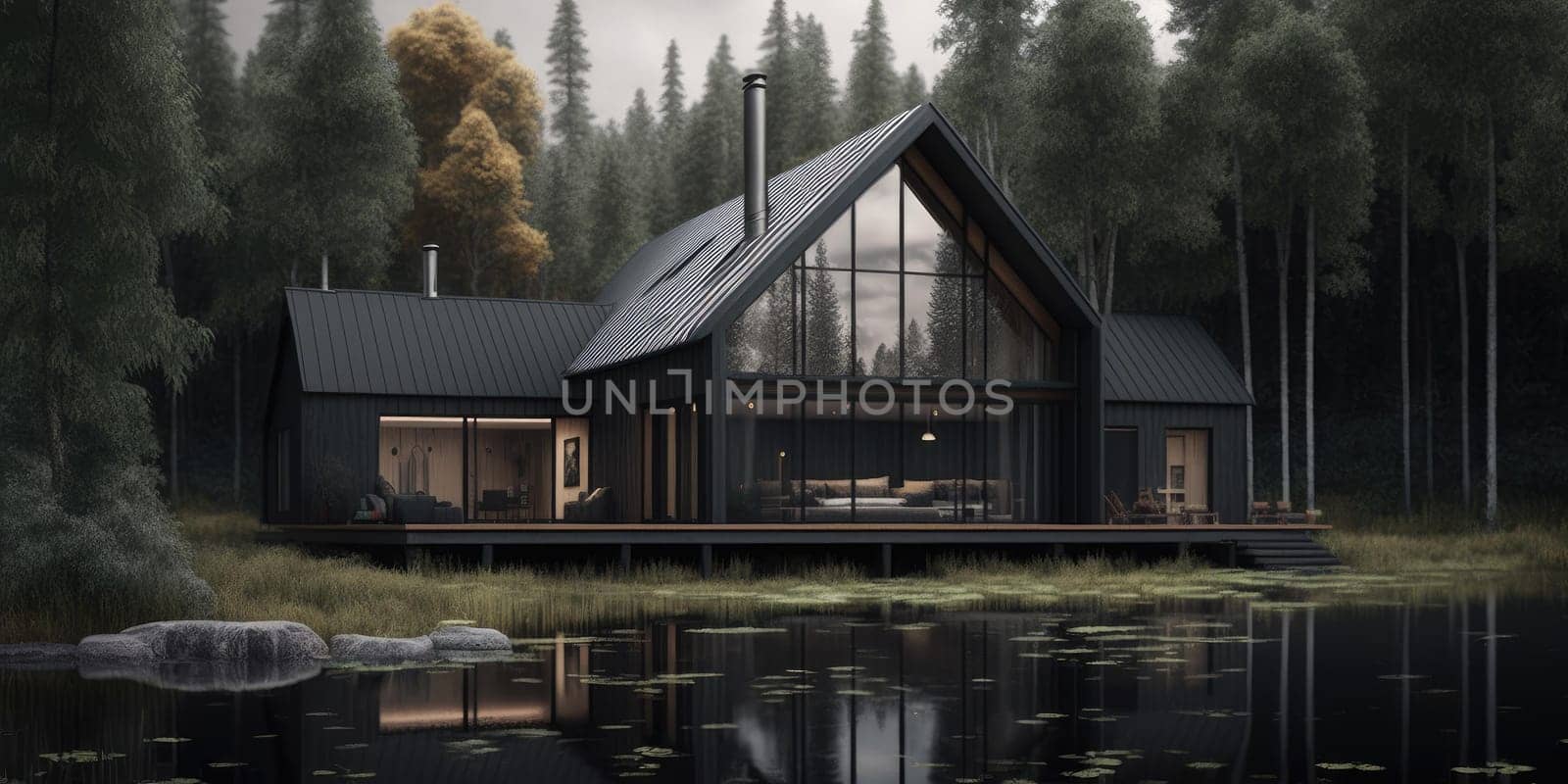 Luxurious scandinavian nordic home in the forest in evening scene by biancoblue