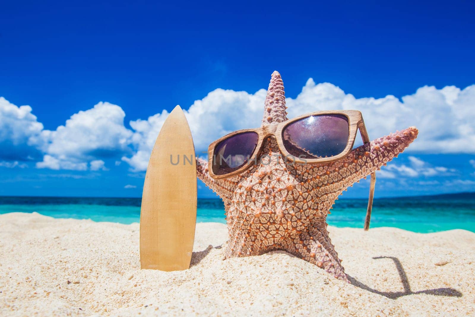 Starfish surfer on sand of tropical beach at Philippines