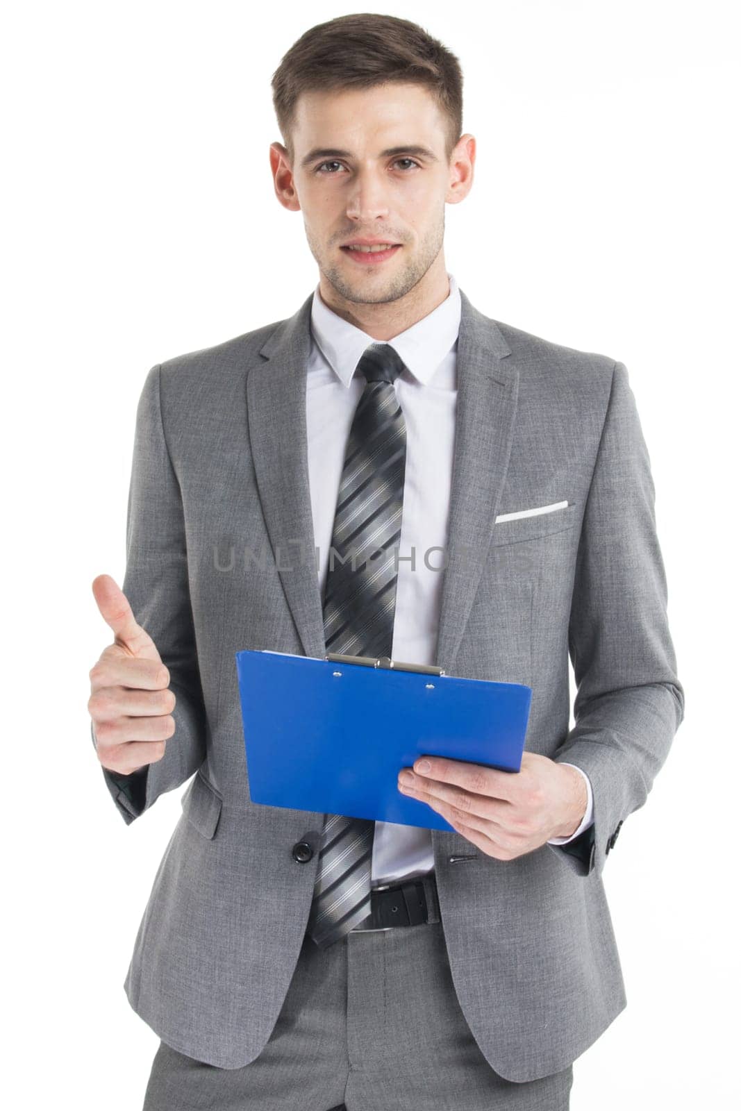 Businessman with clipboard showing thumb up isolated on white