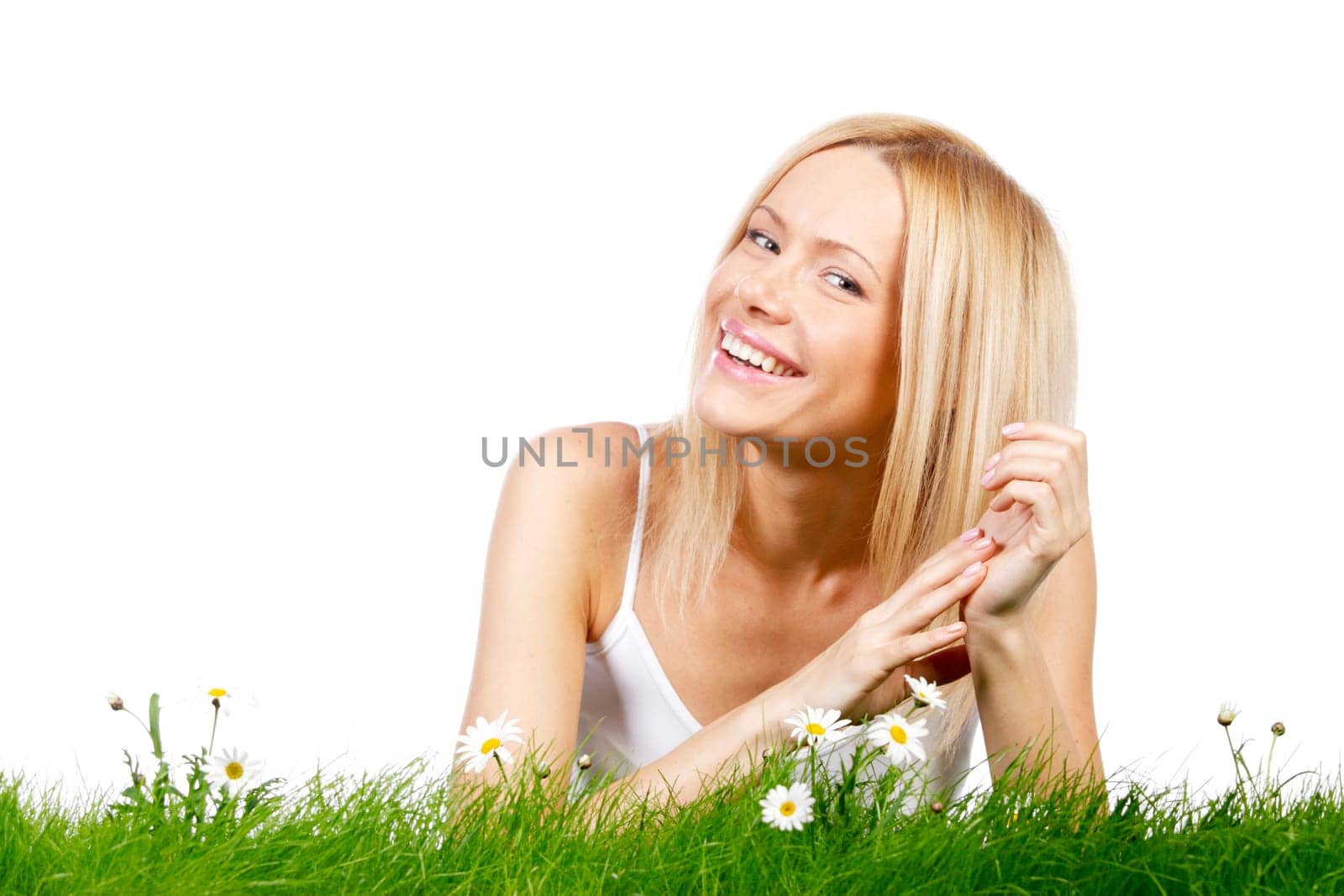 Woman on grass with flowers by Yellowj