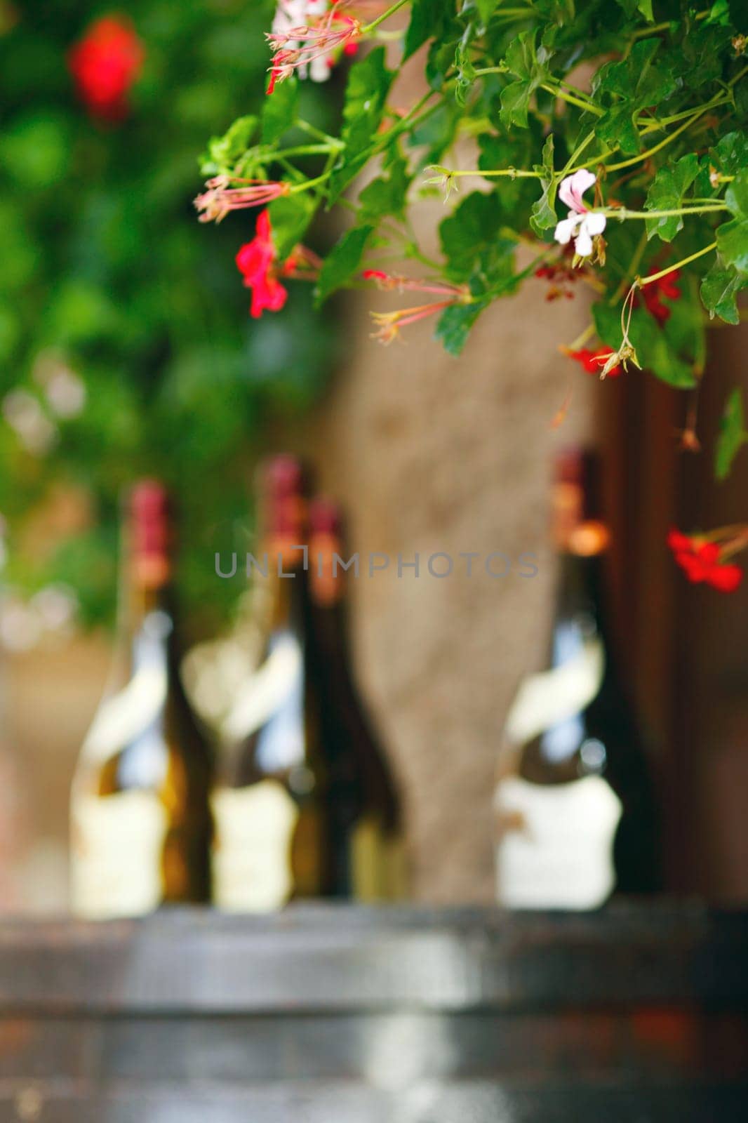 Wine bottles on wodden barrel by Yellowj