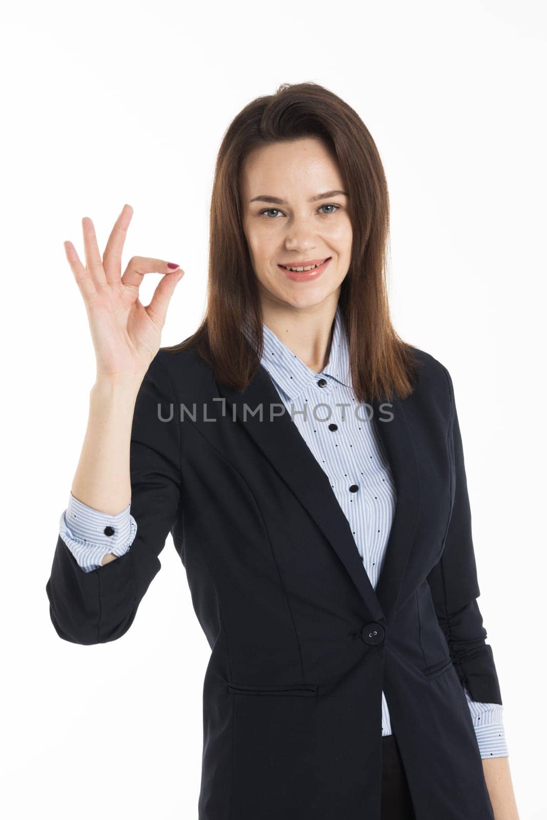 Business woman show ok sign, isolated on white background