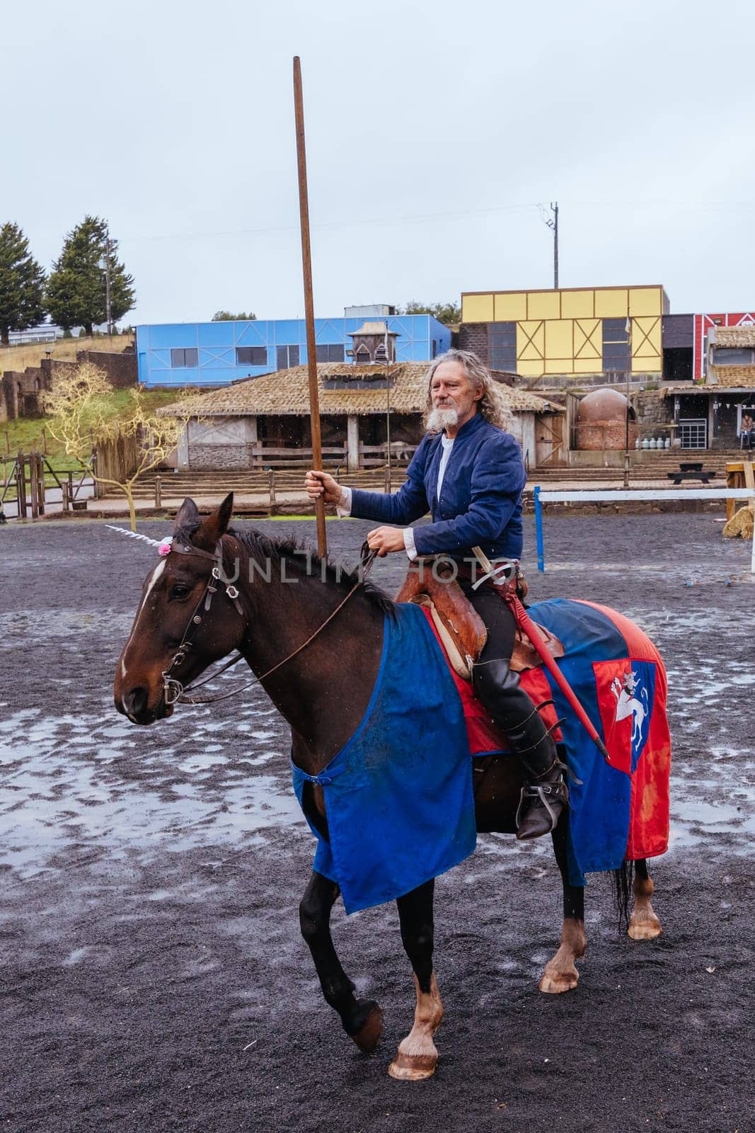 BALLARAT, AUSTRALIA - April 7 2023: Medieval horse show at the popular tourism destination of Kryal Castle which is a medieval village near the country Victorian town of Ballarat on a stormy autumn morning