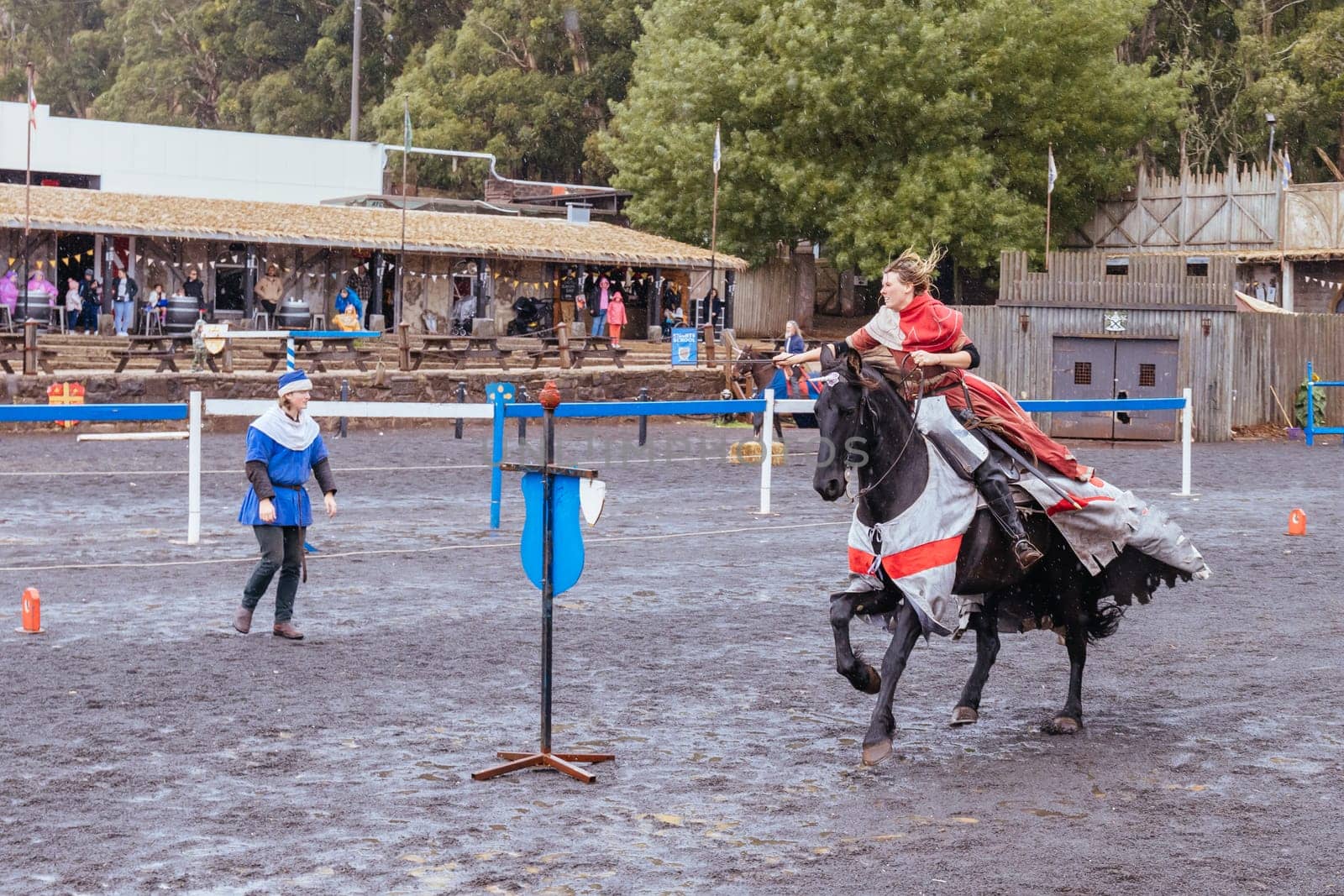 BALLARAT, AUSTRALIA - April 7 2023: Medieval horse show at the popular tourism destination of Kryal Castle which is a medieval village near the country Victorian town of Ballarat on a stormy autumn morning