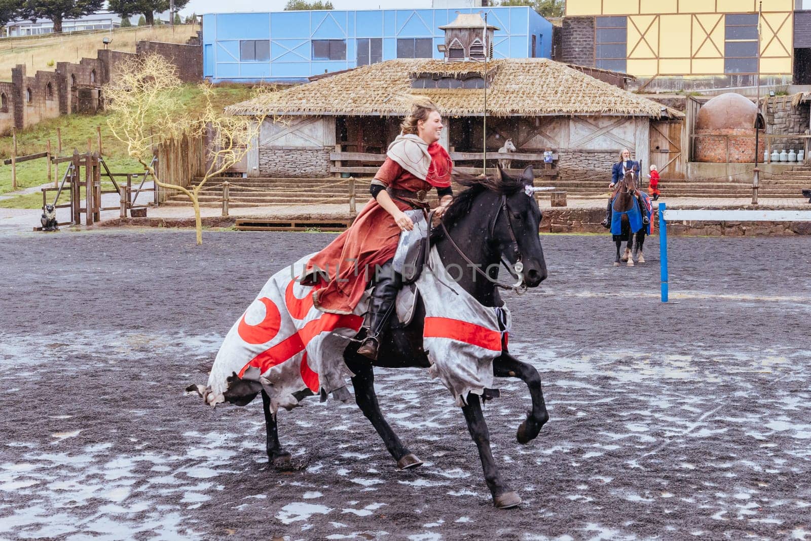 BALLARAT, AUSTRALIA - April 7 2023: Medieval horse show at the popular tourism destination of Kryal Castle which is a medieval village near the country Victorian town of Ballarat on a stormy autumn morning