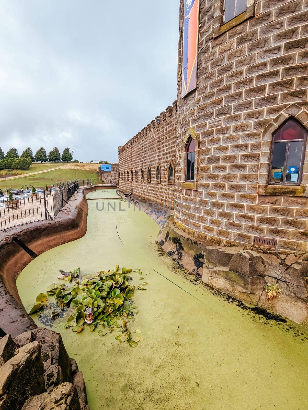 BALLARAT, AUSTRALIA - April 7 2023: The popular tourism destination of Kryal Castle which is a medieval village near the country Victorian town of Ballarat on a stormy autumn morning