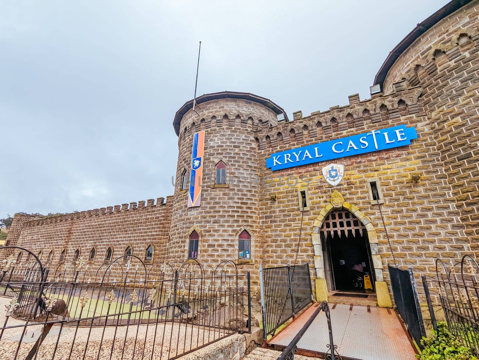 BALLARAT, AUSTRALIA - April 7 2023: The popular tourism destination of Kryal Castle which is a medieval village near the country Victorian town of Ballarat on a stormy autumn morning