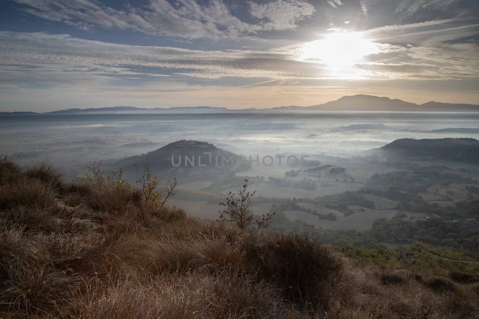 Amazing mountain landscape in a foggy morning in Muntanyola town in Catalonia