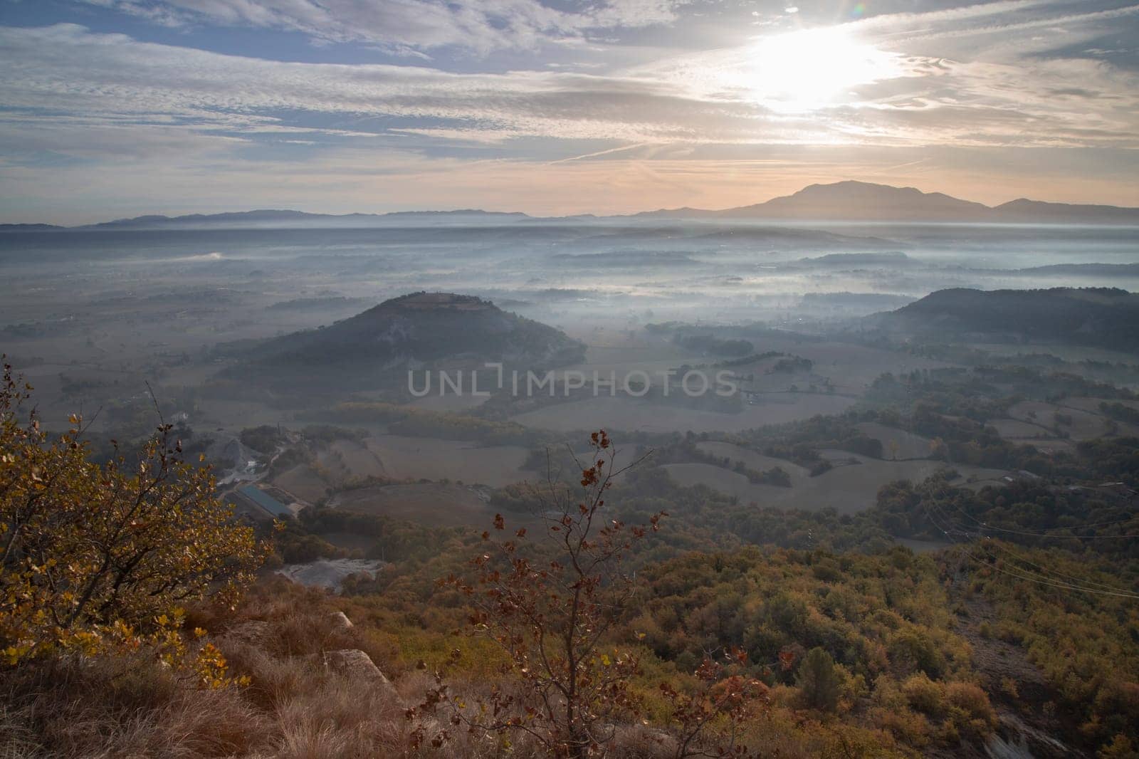 Amazing mountain landscape in a foggy morning in Muntanyola town in Catalonia