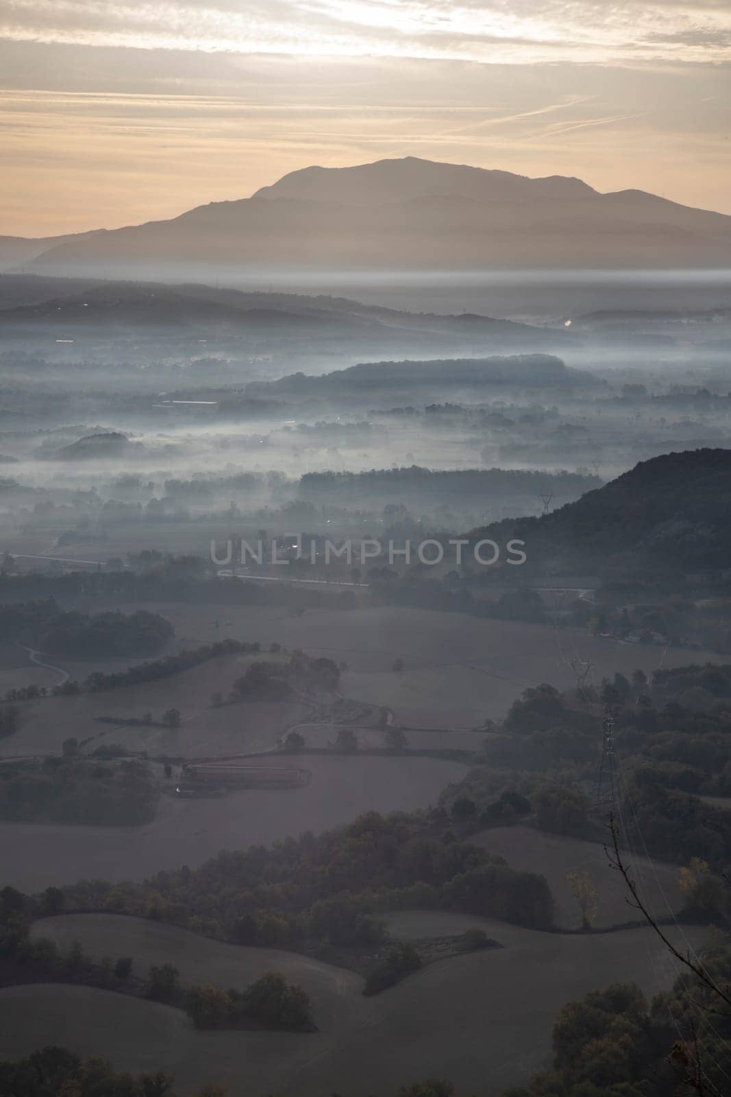 Amazing mountain landscape in a foggy morning in Muntanyola town in Catalonia