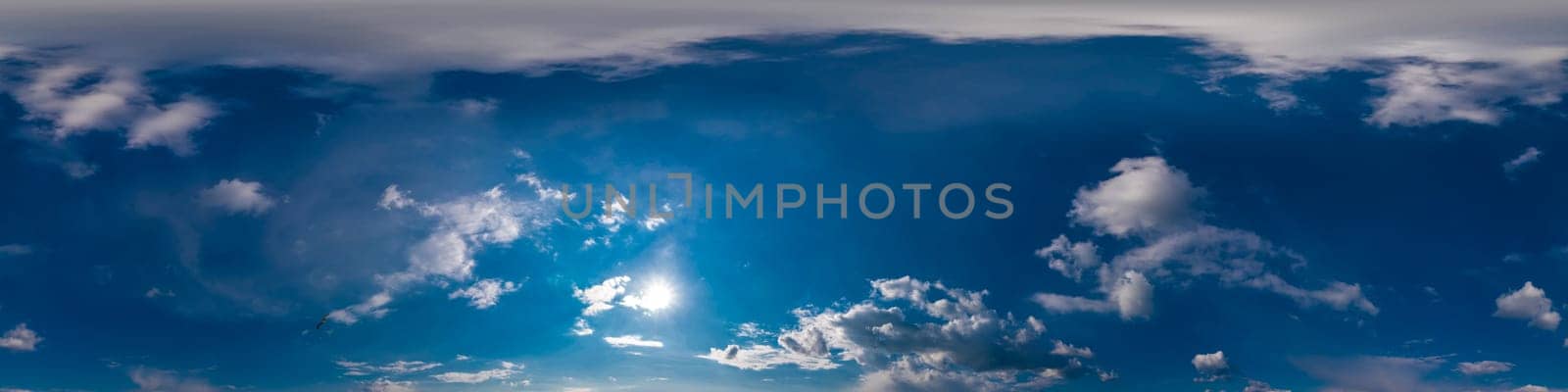 Sky panorama with Cirrus clouds in Seamless spherical equirectangular format. Full zenith for use in 3D graphics, game and editing aerial drone 360 degree panoramas for sky replacement