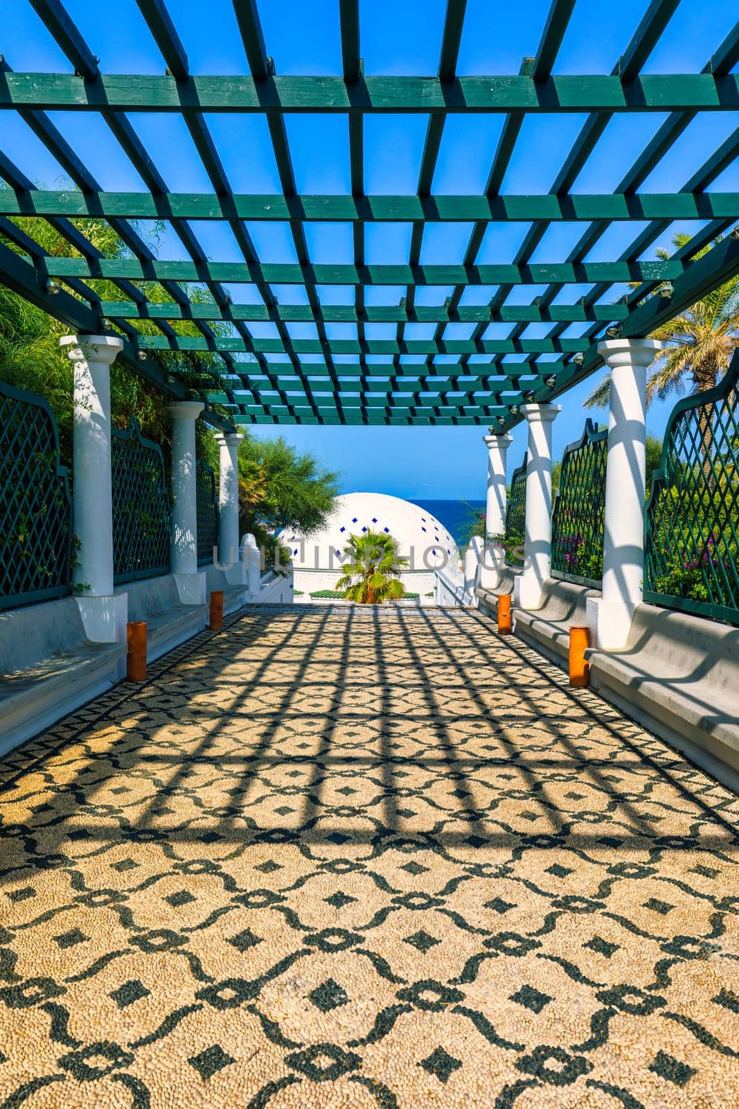 The beautiful buildings at Kalithea Springs constructed in the 1930s, Rhodes Island, Greece, Europe. Kallithea Therms, Kallithea Springs located at the bay of Kallithea on Rhodes island, Greece. 