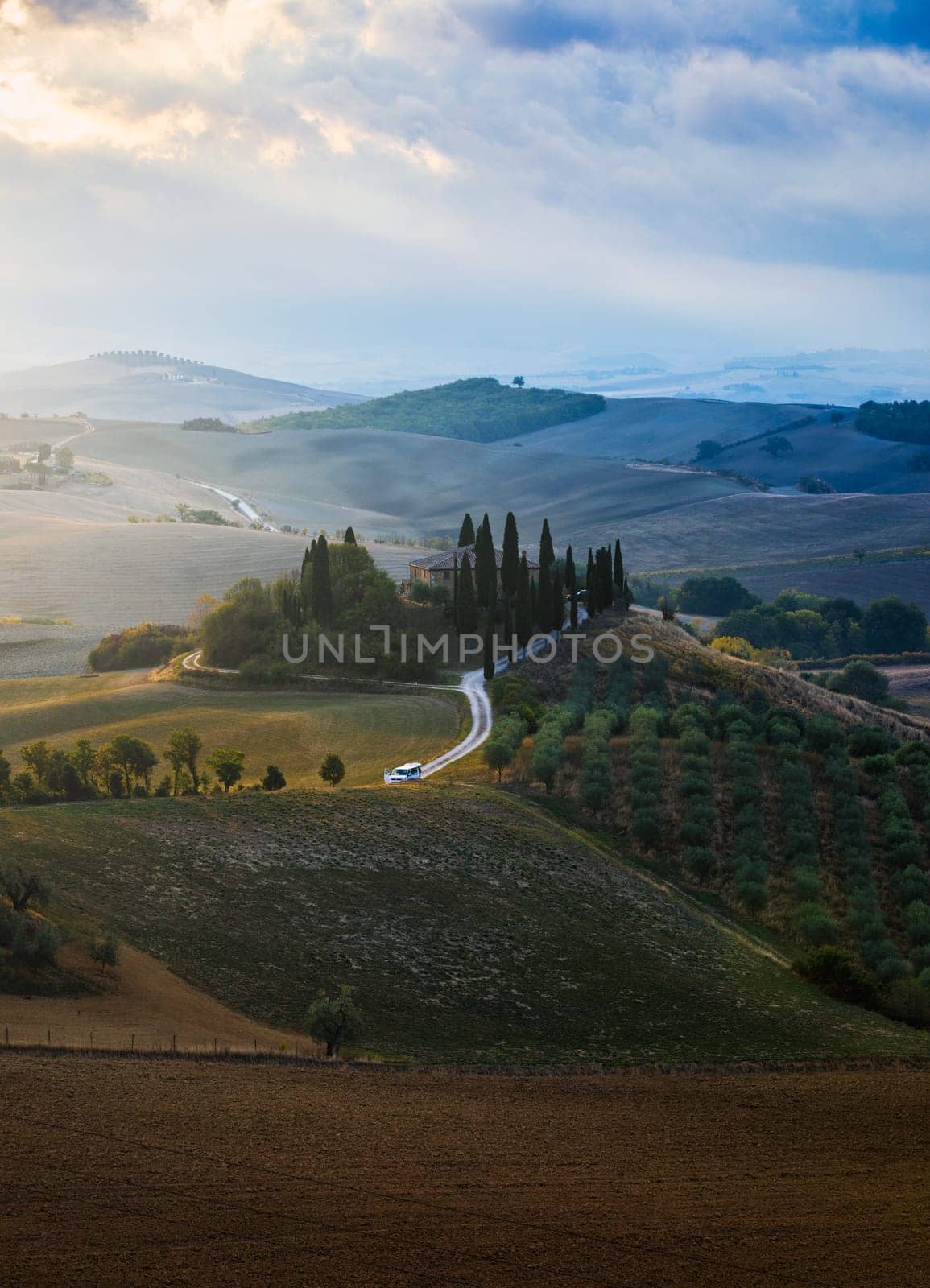 Well known Tuscany landscape with grain fields, cypress trees and houses on the hills at sunset. Summer rural landscape with curved road in Tuscany, Italy, Europe