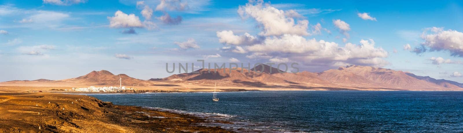 Betancuria National Park on the Fuerteventura Island, Canary Islands, Spain. Spectacular view of the picturesque mountain landscape from the drone of the Betancuria National Park in Fuerteventura