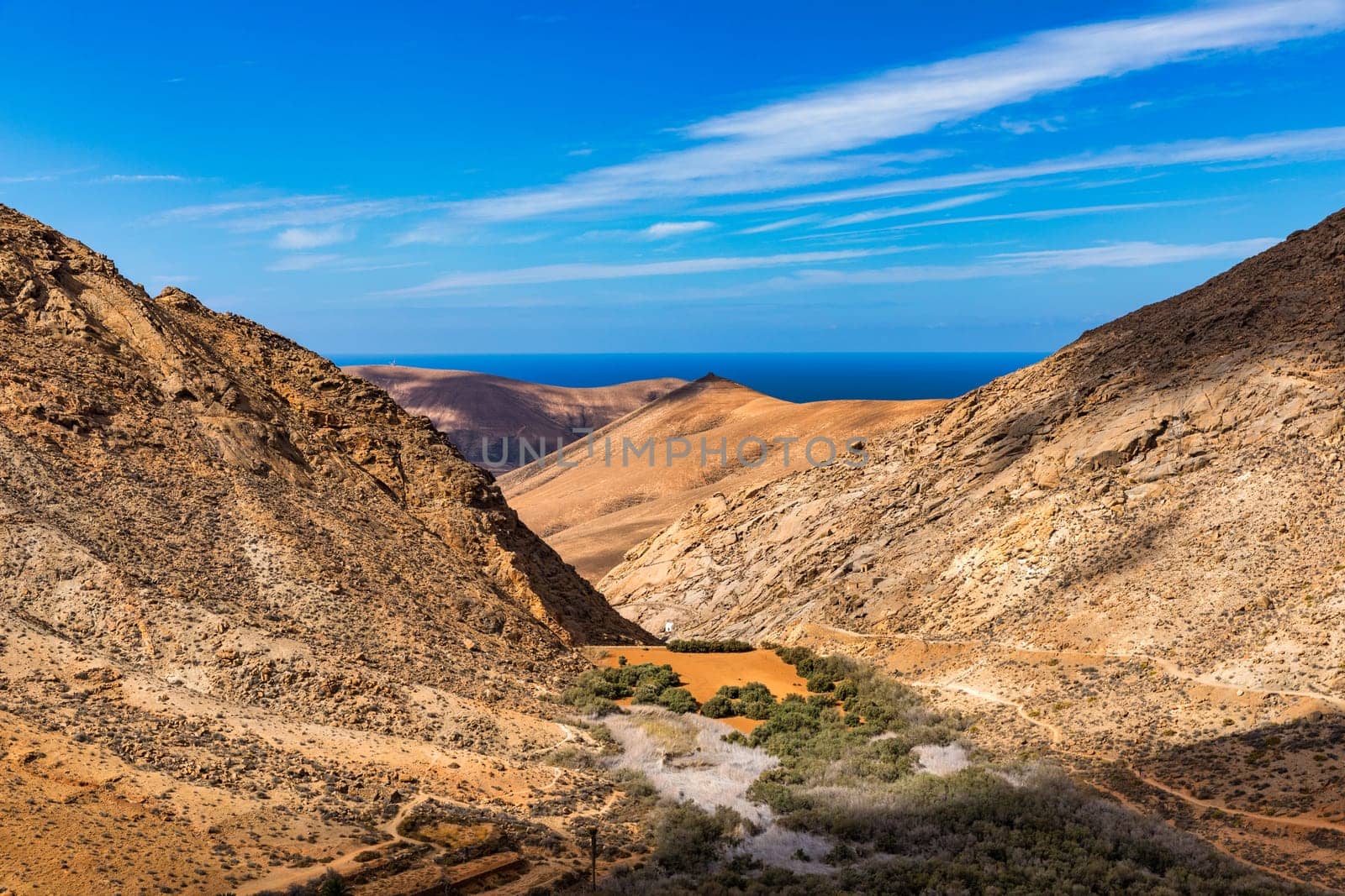 Betancuria National Park on the Fuerteventura Island, Canary Islands, Spain. Spectacular view of the picturesque mountain landscape from the drone of the Betancuria National Park in Fuerteventura