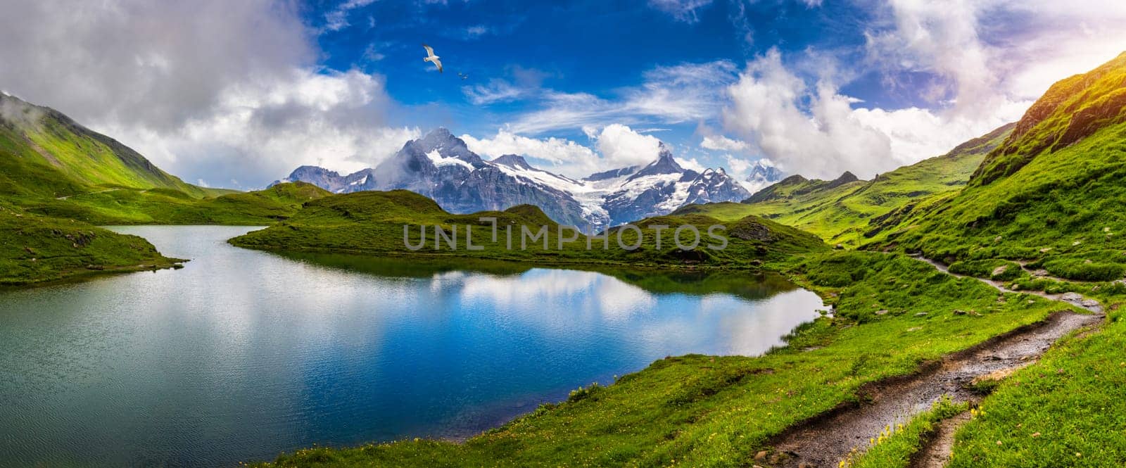 Bachalpsee lake at dawn, Bernese Oberland, Switzerland. Alpine view of the Mt. Schreckhorn and Wetterhorn. Location Bachalpsee in Swiss alps, Grindelwald valley, Interlaken, Europe, Switzerland.