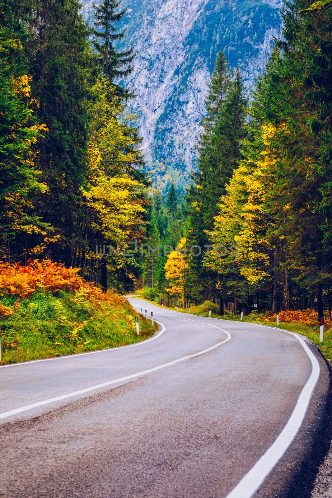 Mountain road. Landscape with rocks, sunny sky with clouds and beautiful asphalt road in the evening in summer. Vintage toning. Travel background. Highway in mountains.   by DaLiu