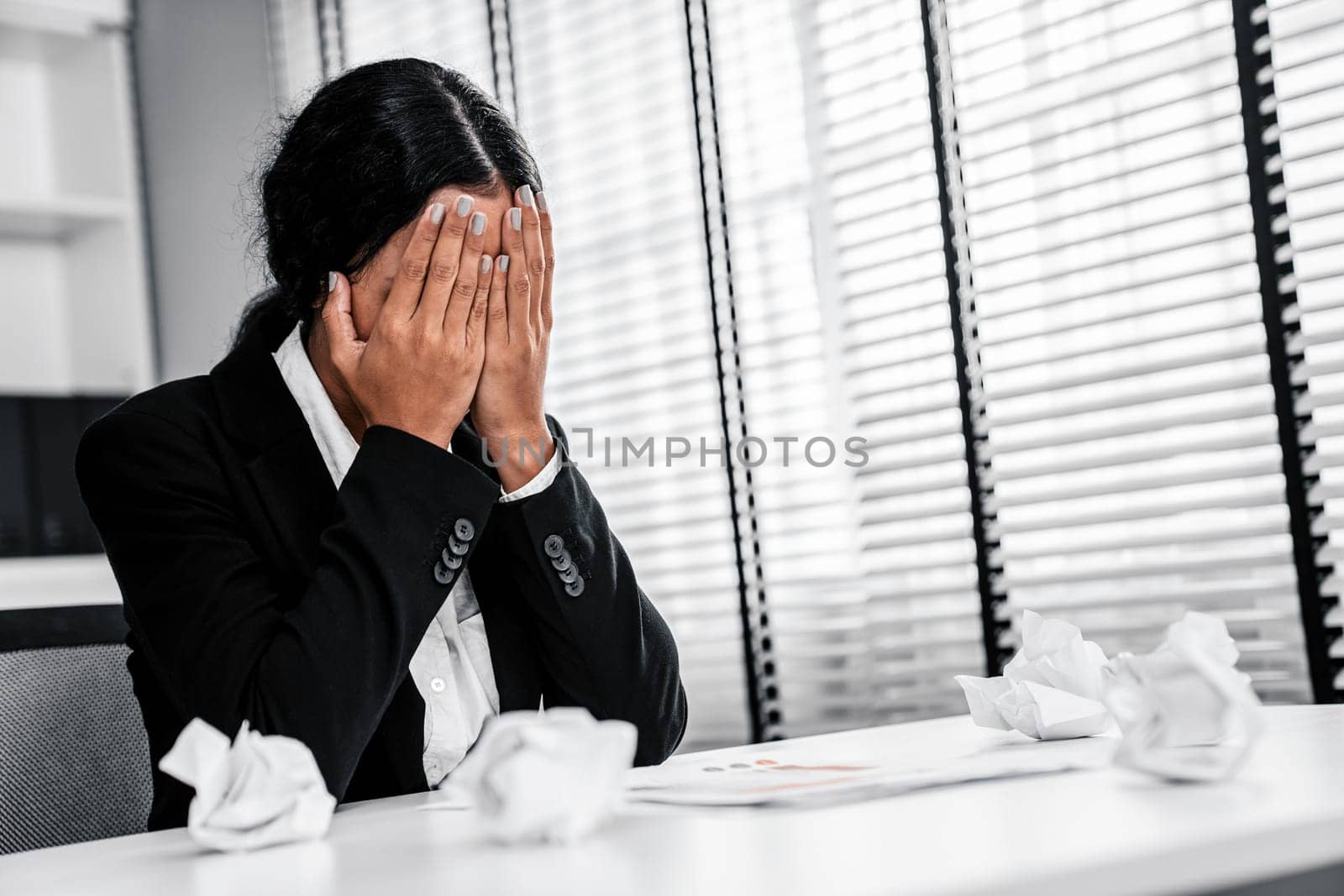 A competent female employee who has become completely exhausted as a result of overburdened work. Concept of unhealthy life as an office worker, office syndrome, effect from overwork.