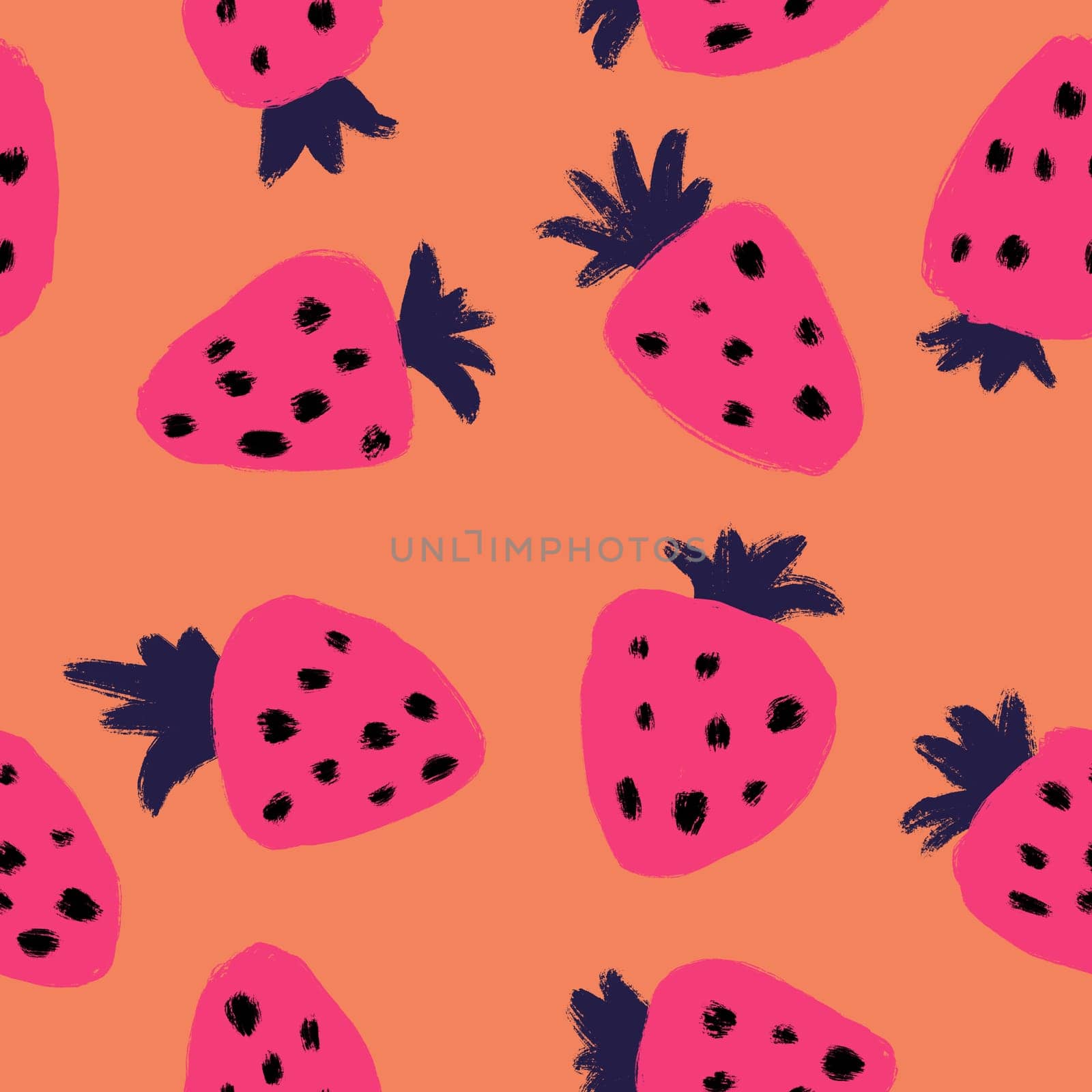 Hand drawn seamless pattern of pink strawberry berries on orange background. Modern y2k print with colorful bright fruit food, summer spring fashion fabric for textile wallpaper wrapping paper. by Lagmar