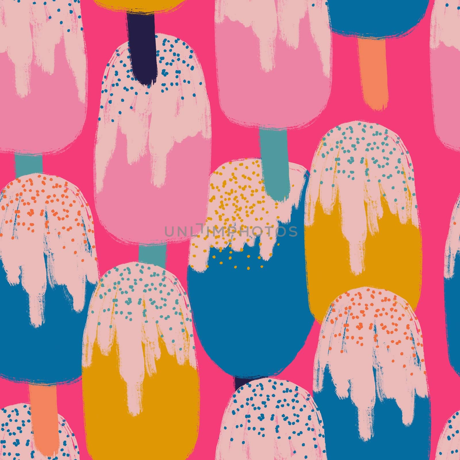 Hand drawn seamless pattern with ice cream popsicle sweet food. Pink yellow green on hot hyper pink background. Summer colorful print with frozen tasty dessert, doodle funny style, whte chocolate glaze